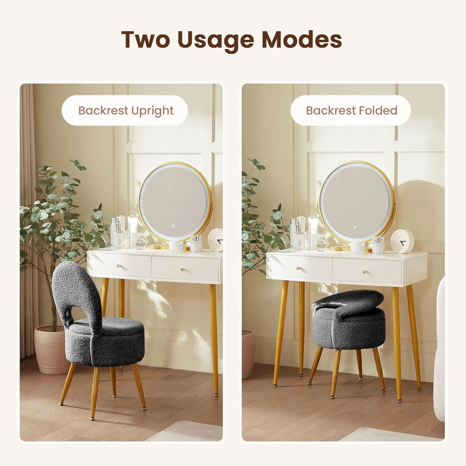 Vanity Stool with Storage and Backrest, Folding Back & Velvet Seat, Footrest, Round Ottoman with Sherpa, Vanity Chair with Storage, Ideal for Bedroom, Living Room, and Makeup Stations