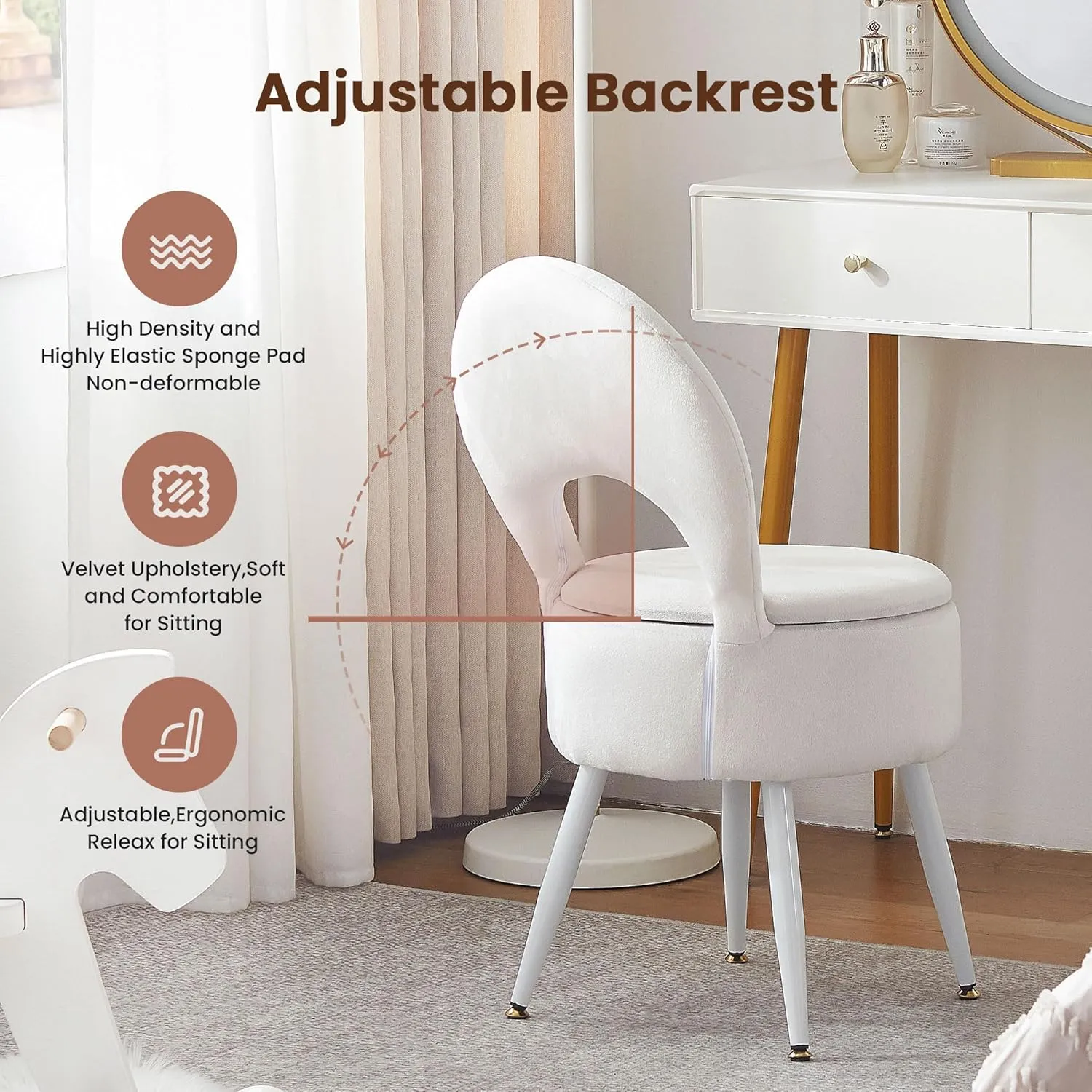 Vanity Stool with Storage and Backrest, Folding Back & Velvet Seat, Footrest, Round Ottoman with Sherpa, Vanity Chair with Storage, Ideal for Bedroom, Living Room, and Makeup Stations