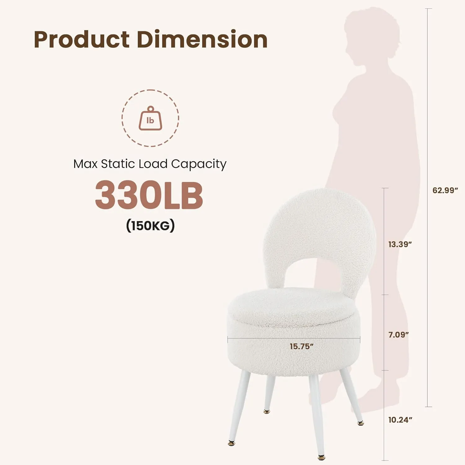 Vanity Stool with Storage and Backrest, Folding Back & Velvet Seat, Footrest, Round Ottoman with Sherpa, Vanity Chair with Storage, Ideal for Bedroom, Living Room, and Makeup Stations