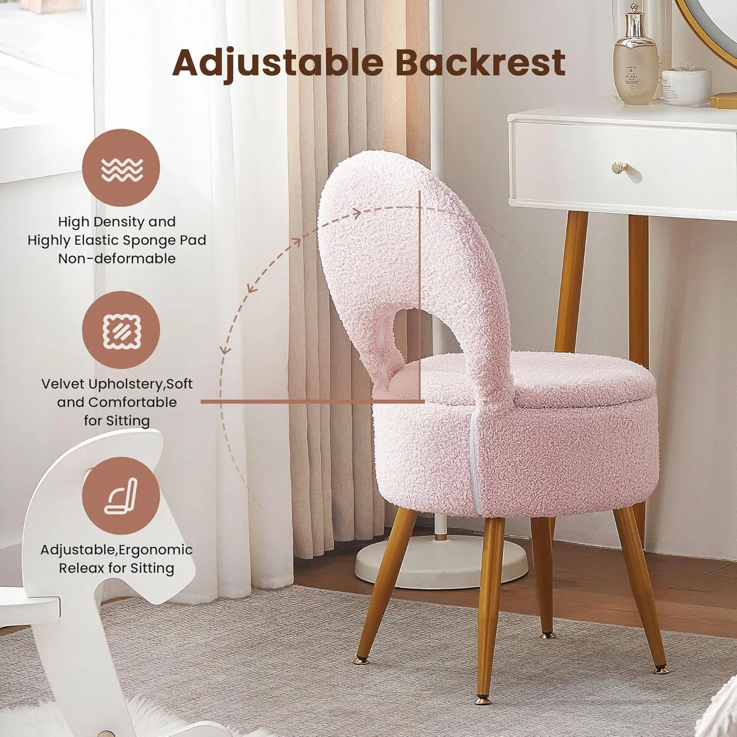Vanity Stool with Storage and Backrest, Folding Back & Velvet Seat, Footrest, Round Ottoman with Sherpa, Vanity Chair with Storage, Ideal for Bedroom, Living Room, and Makeup Stations