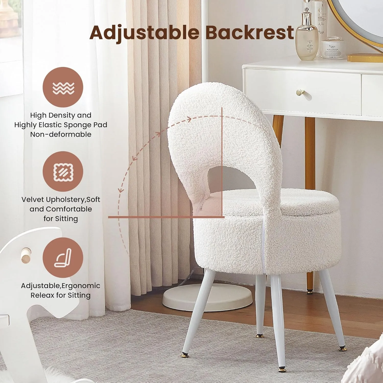 Vanity Stool with Storage and Backrest, Folding Back & Velvet Seat, Footrest, Round Ottoman with Sherpa, Vanity Chair with Storage, Ideal for Bedroom, Living Room, and Makeup Stations