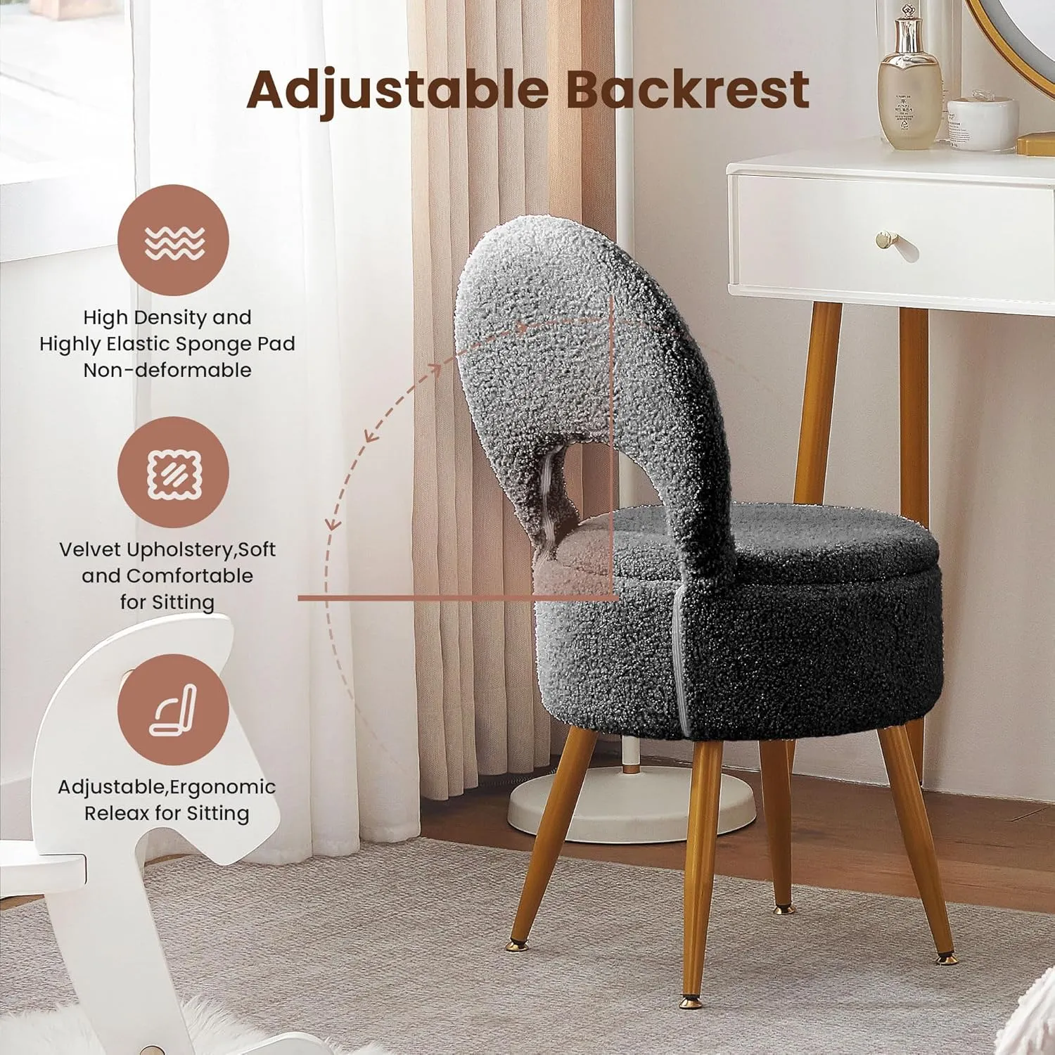 Vanity Stool with Storage and Backrest, Folding Back & Velvet Seat, Footrest, Round Ottoman with Sherpa, Vanity Chair with Storage, Ideal for Bedroom, Living Room, and Makeup Stations