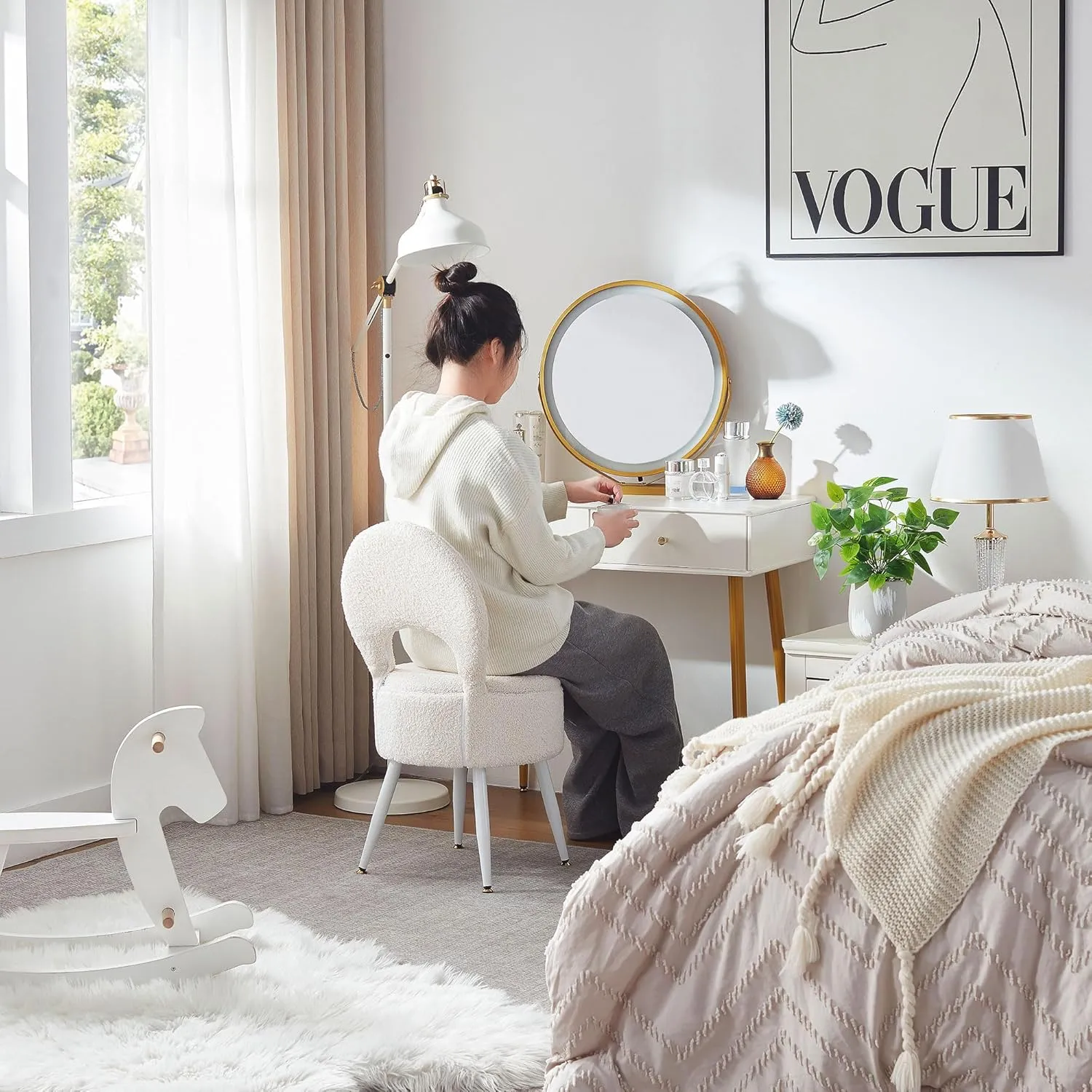 Vanity Stool with Storage and Backrest, Folding Back & Velvet Seat, Footrest, Round Ottoman with Sherpa, Vanity Chair with Storage, Ideal for Bedroom, Living Room, and Makeup Stations