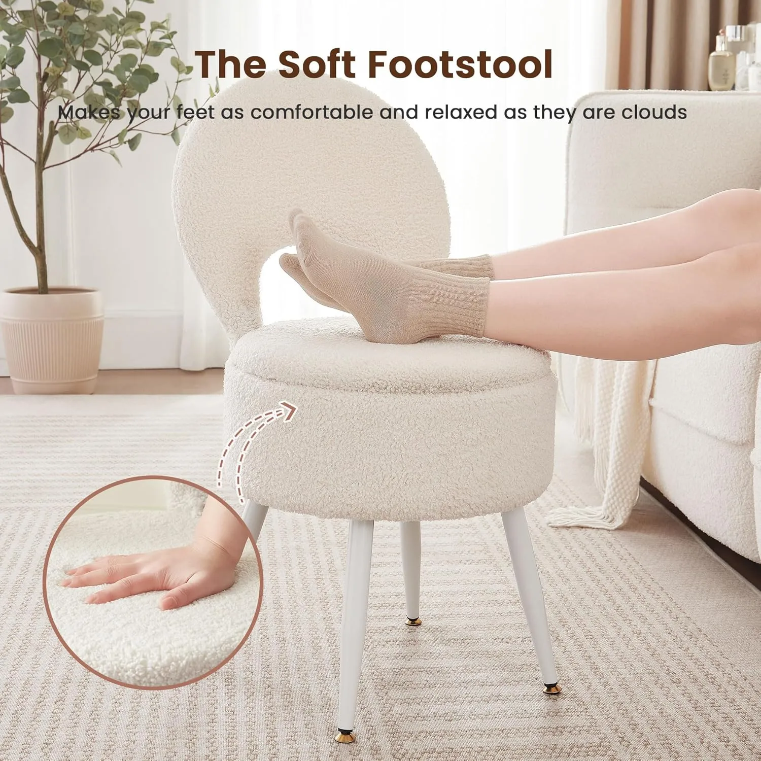 Vanity Stool with Storage and Backrest, Folding Back & Velvet Seat, Footrest, Round Ottoman with Sherpa, Vanity Chair with Storage, Ideal for Bedroom, Living Room, and Makeup Stations