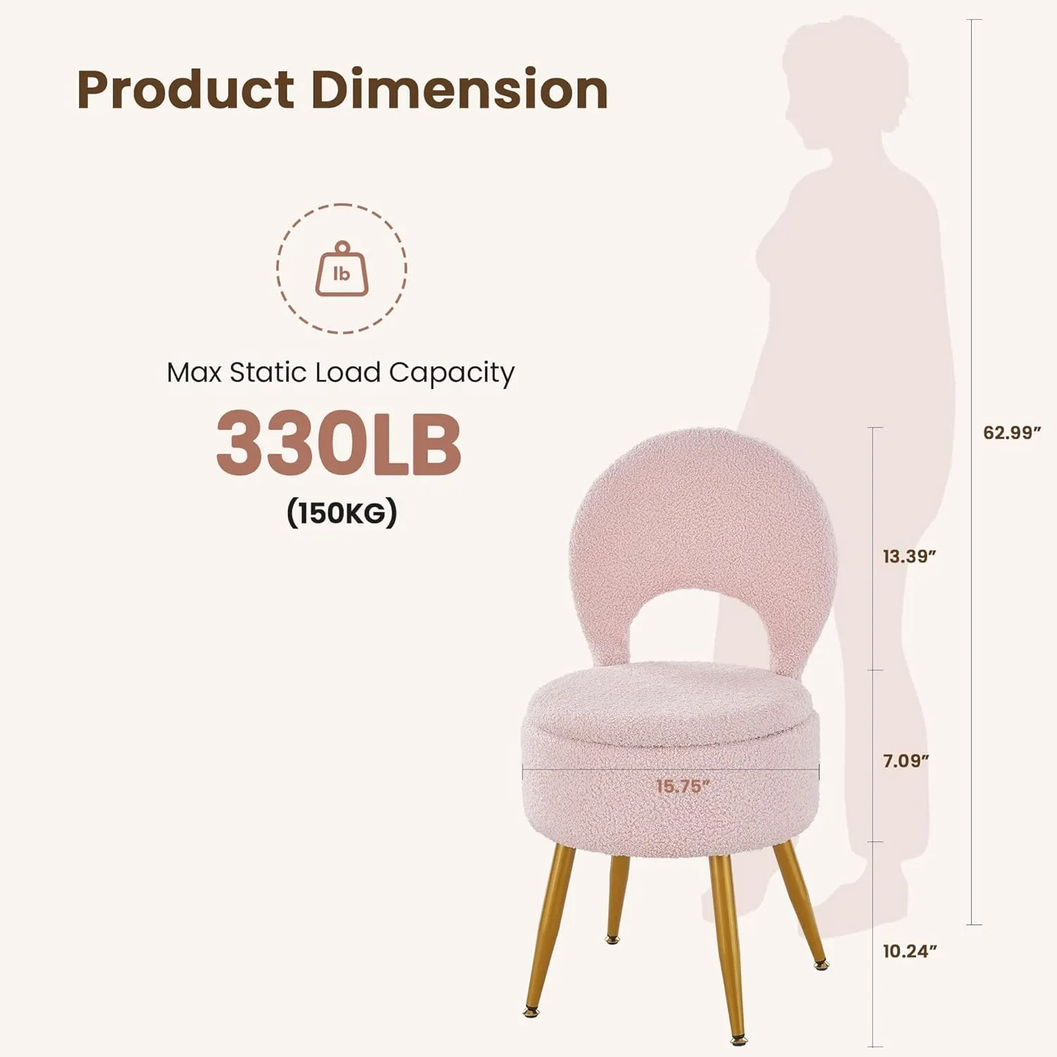 Vanity Stool with Storage and Backrest, Folding Back & Velvet Seat, Footrest, Round Ottoman with Sherpa, Vanity Chair with Storage, Ideal for Bedroom, Living Room, and Makeup Stations