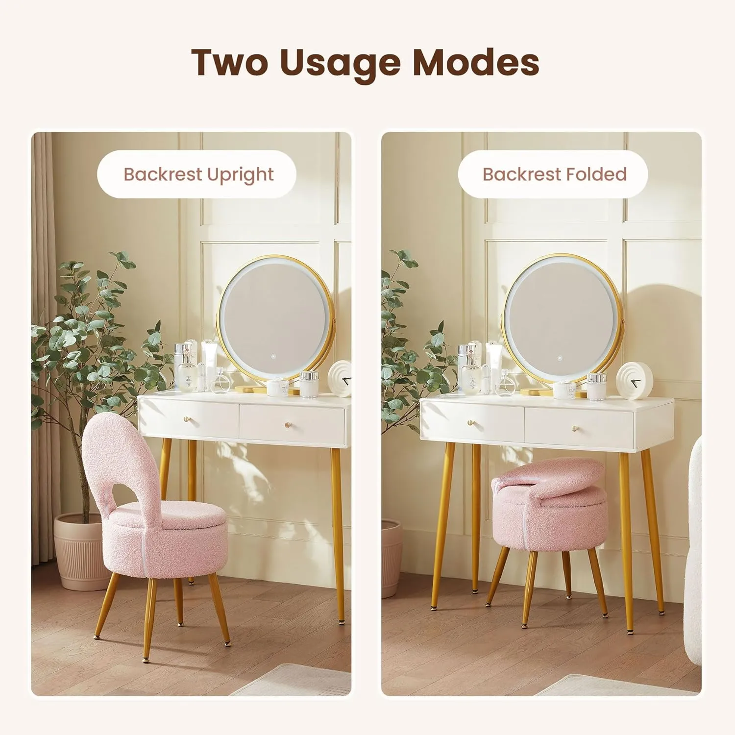 Vanity Stool with Storage and Backrest, Folding Back & Velvet Seat, Footrest, Round Ottoman with Sherpa, Vanity Chair with Storage, Ideal for Bedroom, Living Room, and Makeup Stations