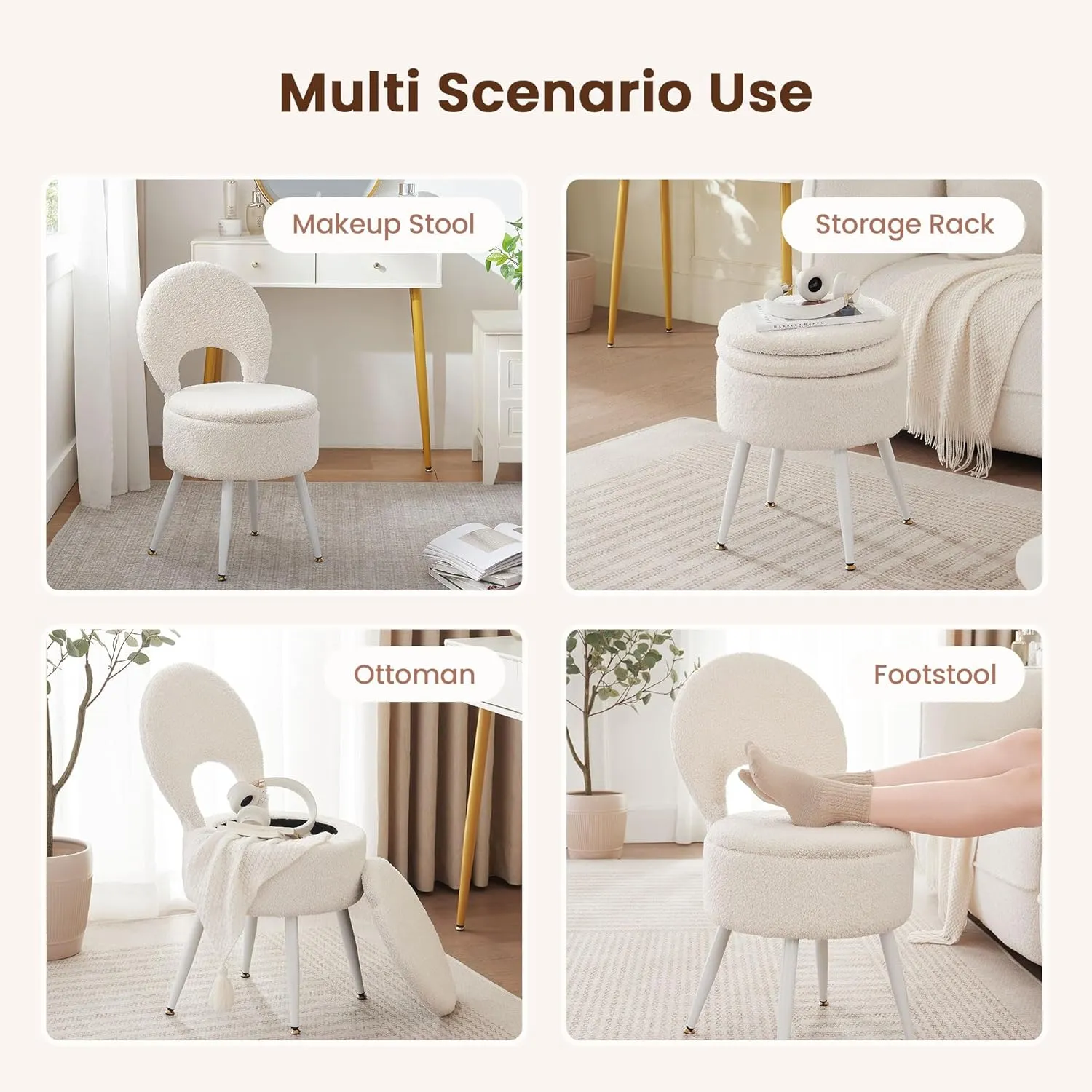 Vanity Stool with Storage and Backrest, Folding Back & Velvet Seat, Footrest, Round Ottoman with Sherpa, Vanity Chair with Storage, Ideal for Bedroom, Living Room, and Makeup Stations
