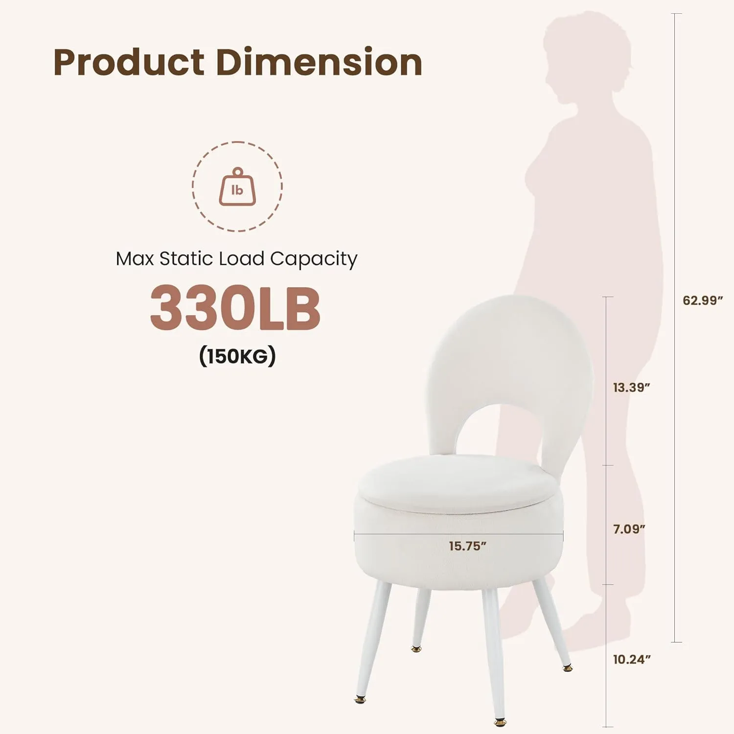 Vanity Stool with Storage and Backrest, Folding Back & Velvet Seat, Footrest, Round Ottoman with Sherpa, Vanity Chair with Storage, Ideal for Bedroom, Living Room, and Makeup Stations
