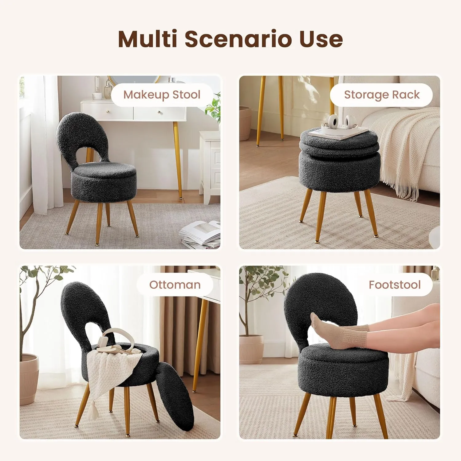Vanity Stool with Storage and Backrest, Folding Back & Velvet Seat, Footrest, Round Ottoman with Sherpa, Vanity Chair with Storage, Ideal for Bedroom, Living Room, and Makeup Stations