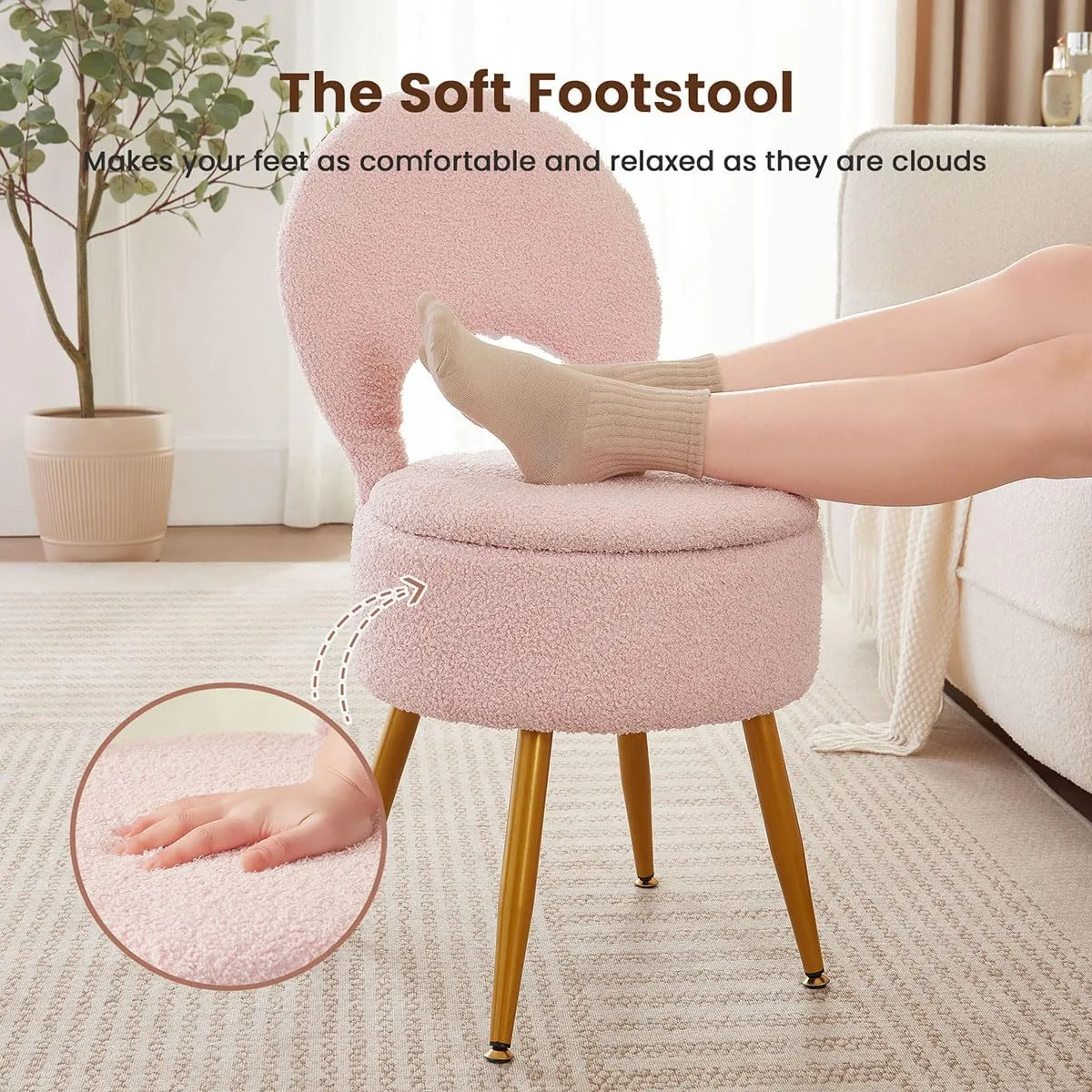Vanity Stool with Storage and Backrest, Folding Back & Velvet Seat, Footrest, Round Ottoman with Sherpa, Vanity Chair with Storage, Ideal for Bedroom, Living Room, and Makeup Stations