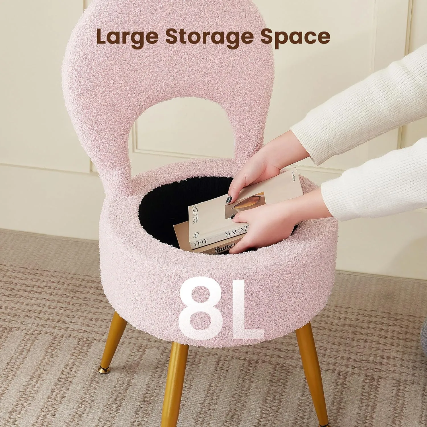 Vanity Stool with Storage and Backrest, Folding Back & Velvet Seat, Footrest, Round Ottoman with Sherpa, Vanity Chair with Storage, Ideal for Bedroom, Living Room, and Makeup Stations