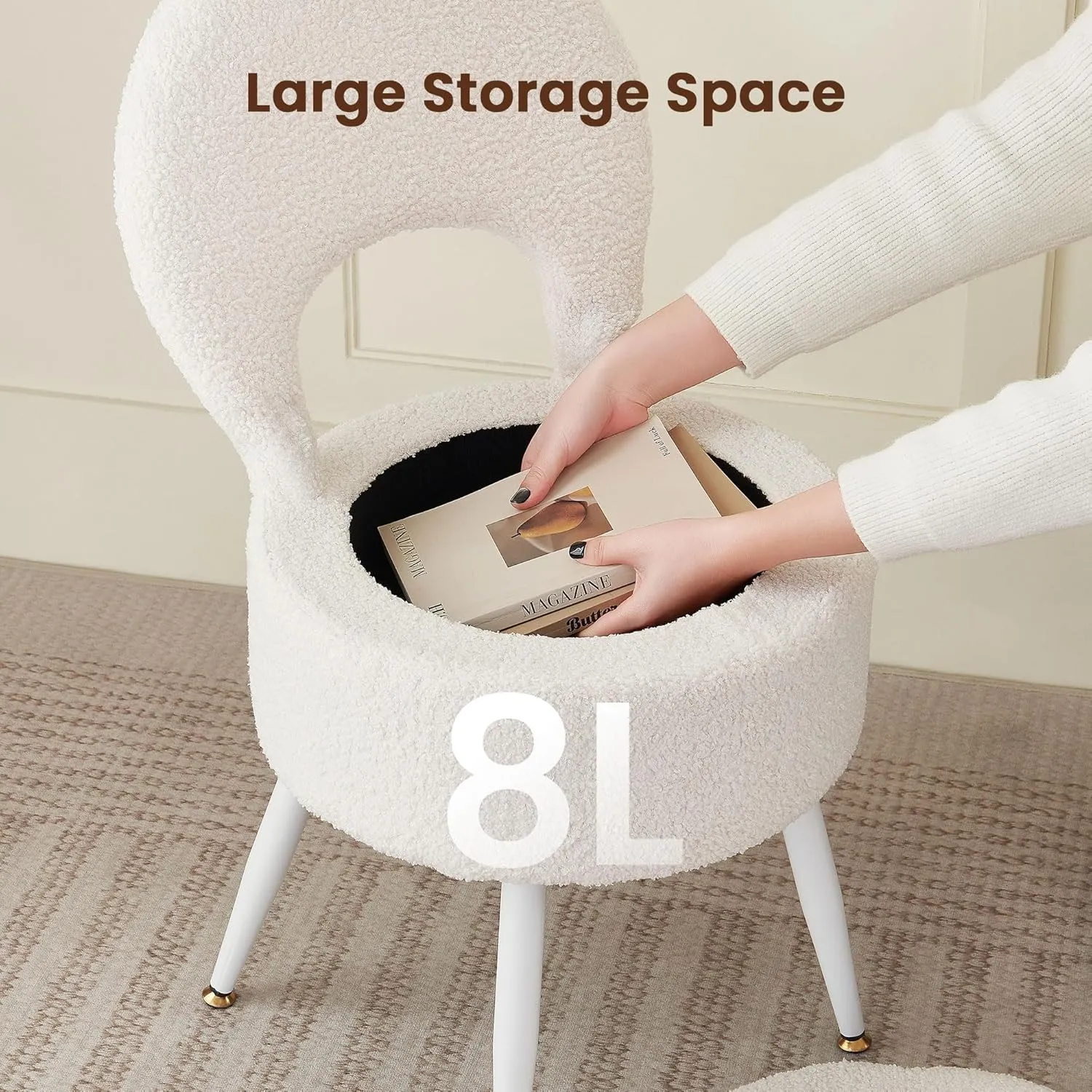 Vanity Stool with Storage and Backrest, Folding Back & Velvet Seat, Footrest, Round Ottoman with Sherpa, Vanity Chair with Storage, Ideal for Bedroom, Living Room, and Makeup Stations