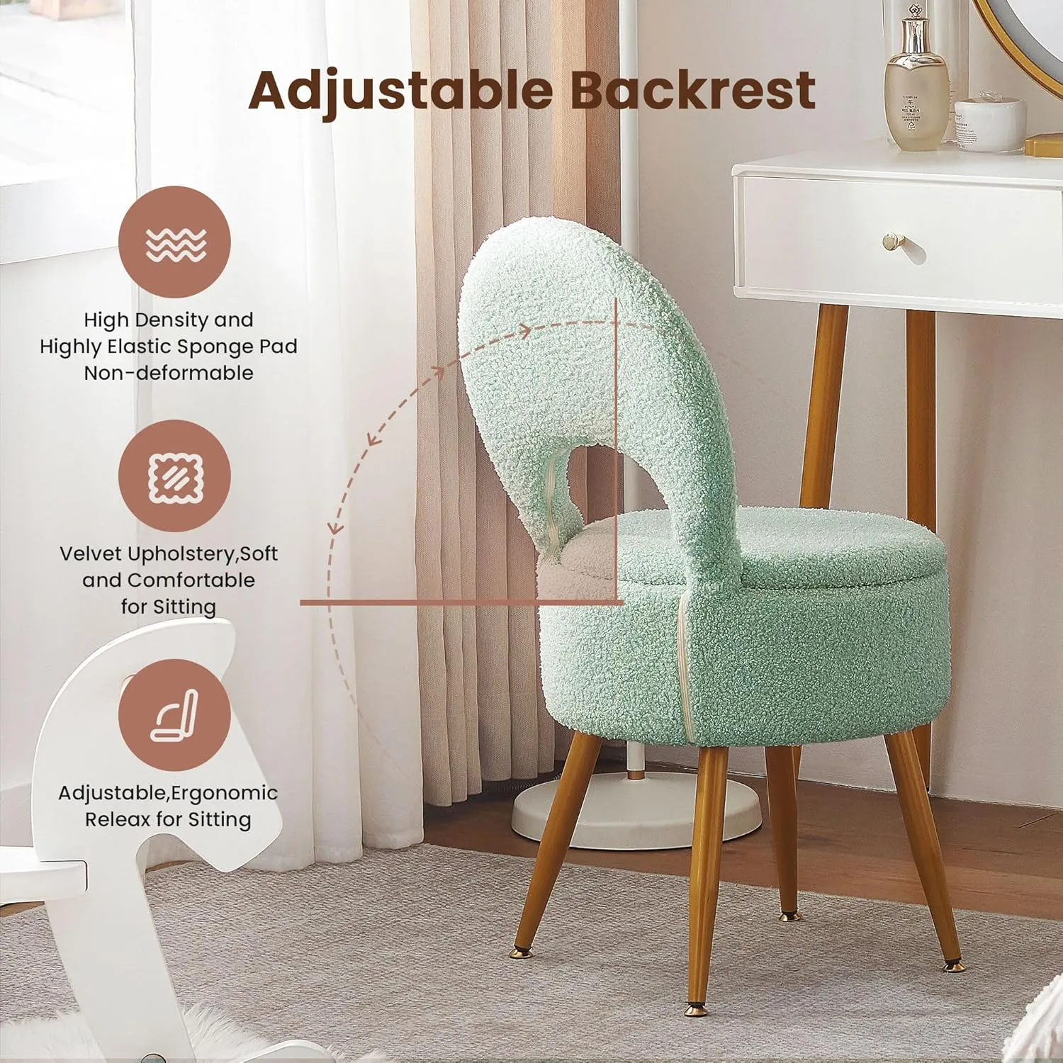 Vanity Stool with Storage and Backrest, Folding Back & Velvet Seat, Footrest, Round Ottoman with Sherpa, Vanity Chair with Storage, Ideal for Bedroom, Living Room, and Makeup Stations