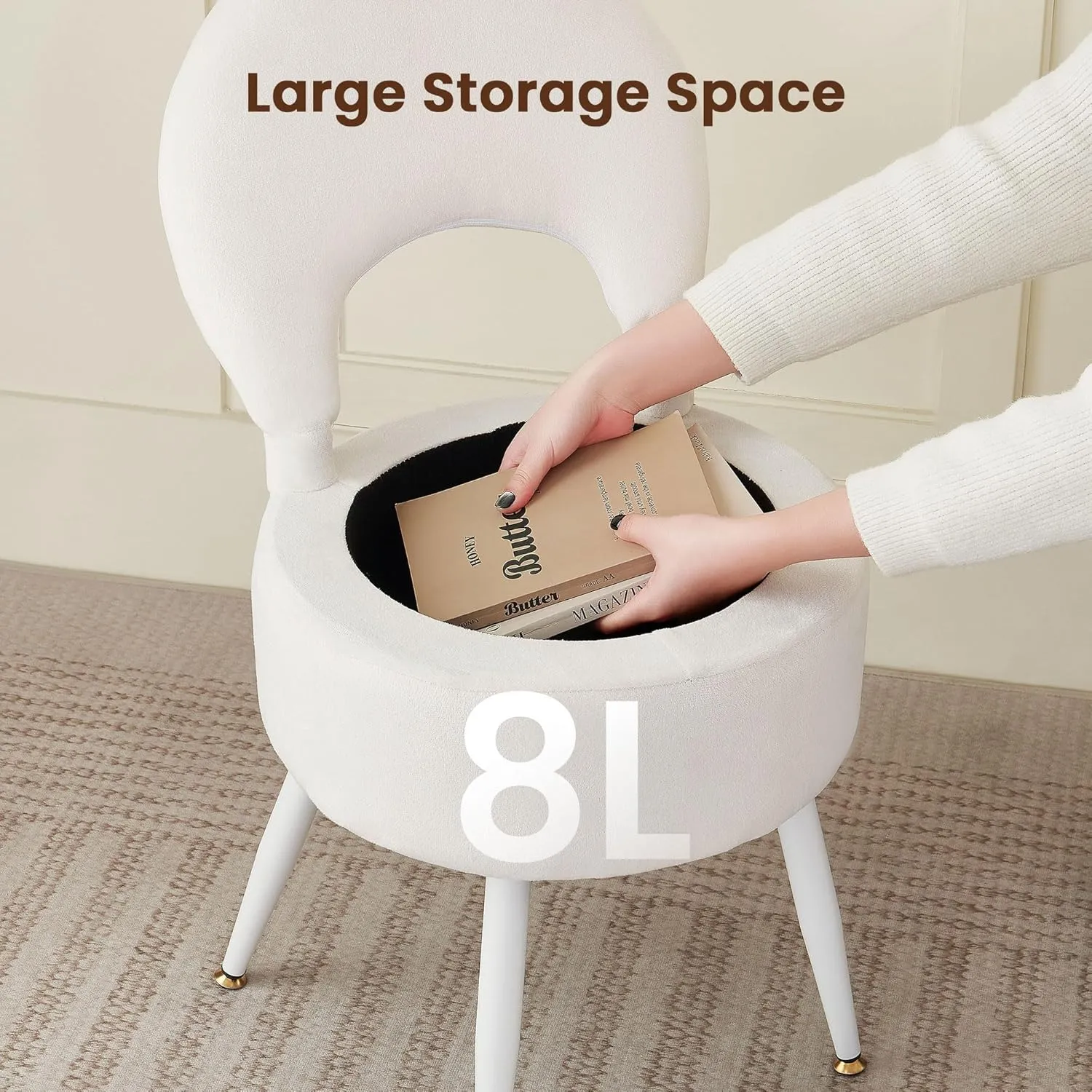 Vanity Stool with Storage and Backrest, Folding Back & Velvet Seat, Footrest, Round Ottoman with Sherpa, Vanity Chair with Storage, Ideal for Bedroom, Living Room, and Makeup Stations