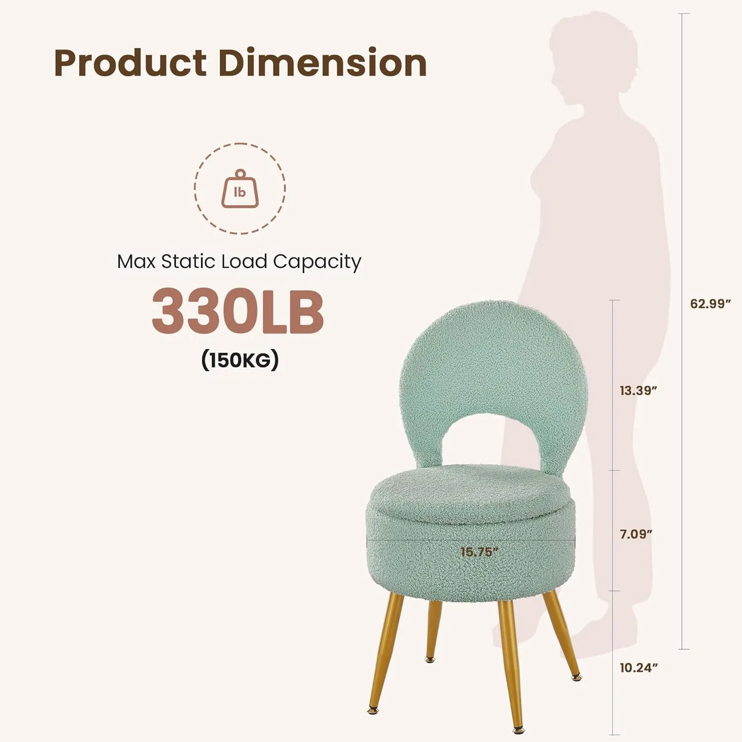 Vanity Stool with Storage and Backrest, Folding Back & Velvet Seat, Footrest, Round Ottoman with Sherpa, Vanity Chair with Storage, Ideal for Bedroom, Living Room, and Makeup Stations