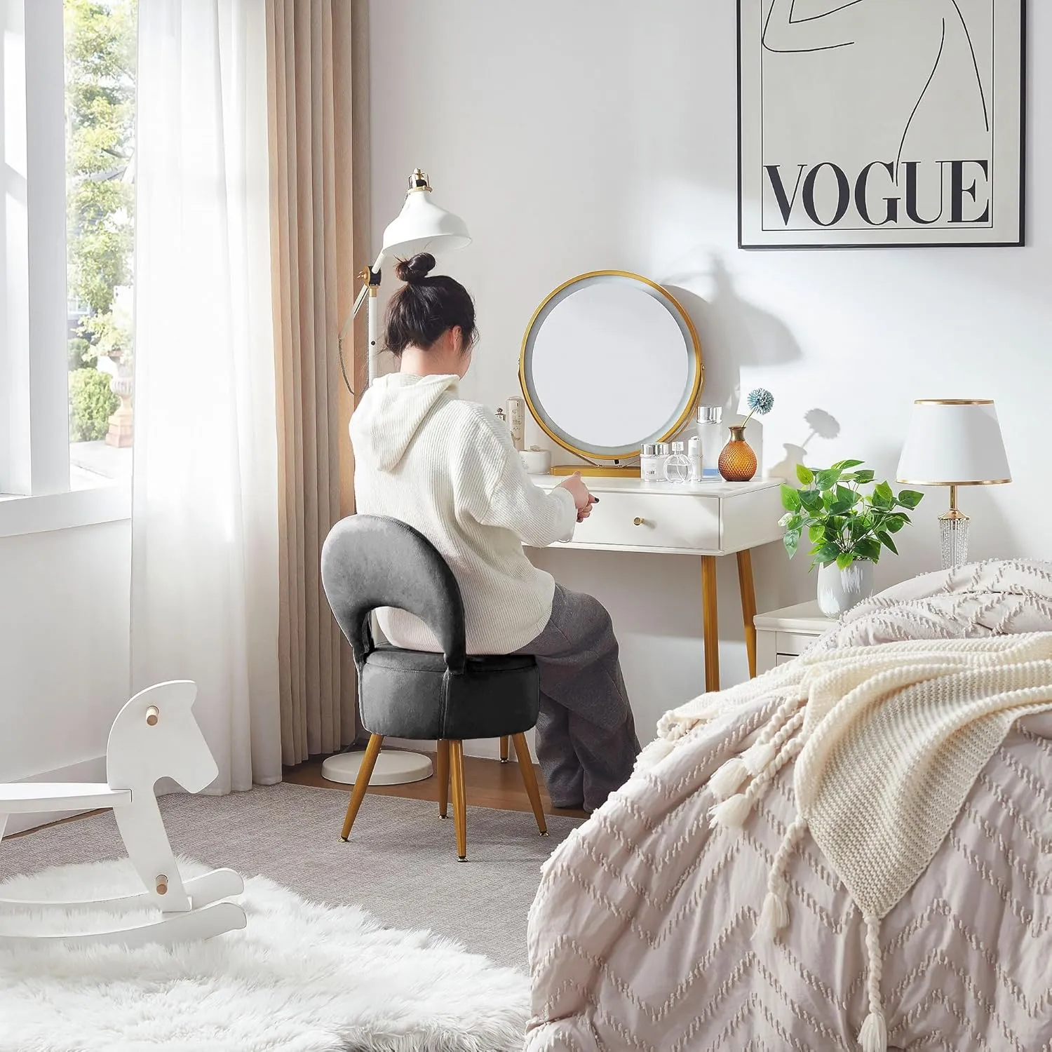 Vanity Stool with Storage and Backrest, Folding Back & Velvet Seat, Footrest, Round Ottoman with Sherpa, Vanity Chair with Storage, Ideal for Bedroom, Living Room, and Makeup Stations