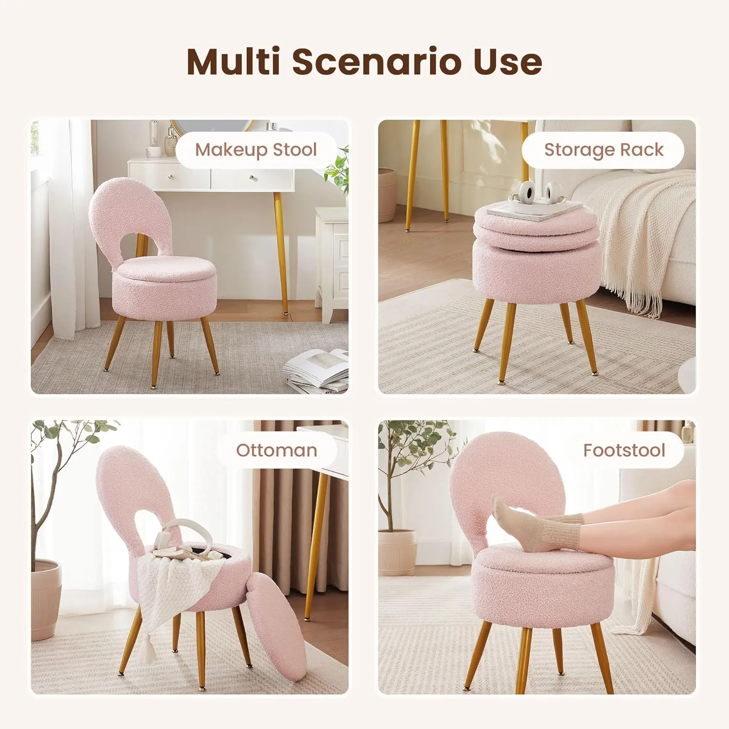 Vanity Stool with Storage and Backrest, Folding Back & Velvet Seat, Footrest, Round Ottoman with Sherpa, Vanity Chair with Storage, Ideal for Bedroom, Living Room, and Makeup Stations