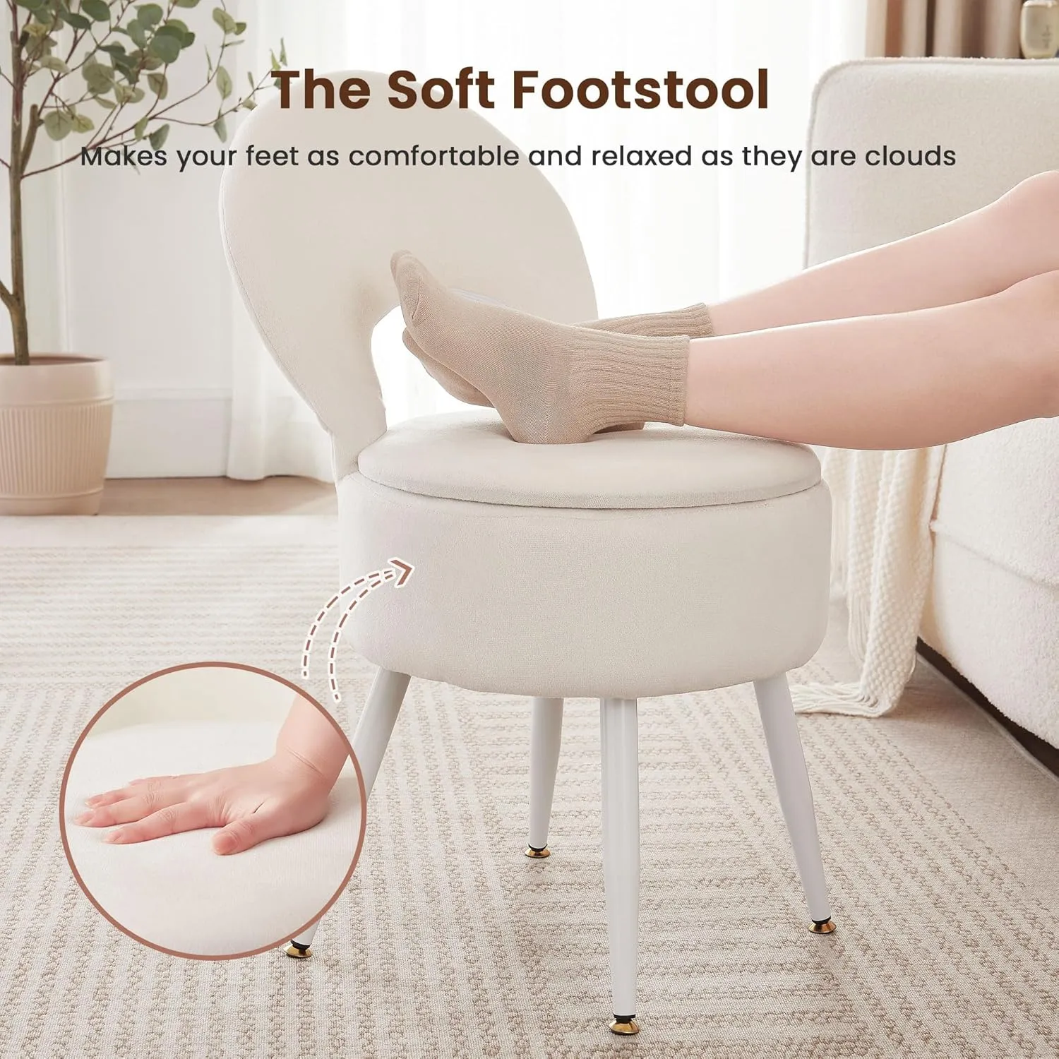 Vanity Stool with Storage and Backrest, Folding Back & Velvet Seat, Footrest, Round Ottoman with Sherpa, Vanity Chair with Storage, Ideal for Bedroom, Living Room, and Makeup Stations