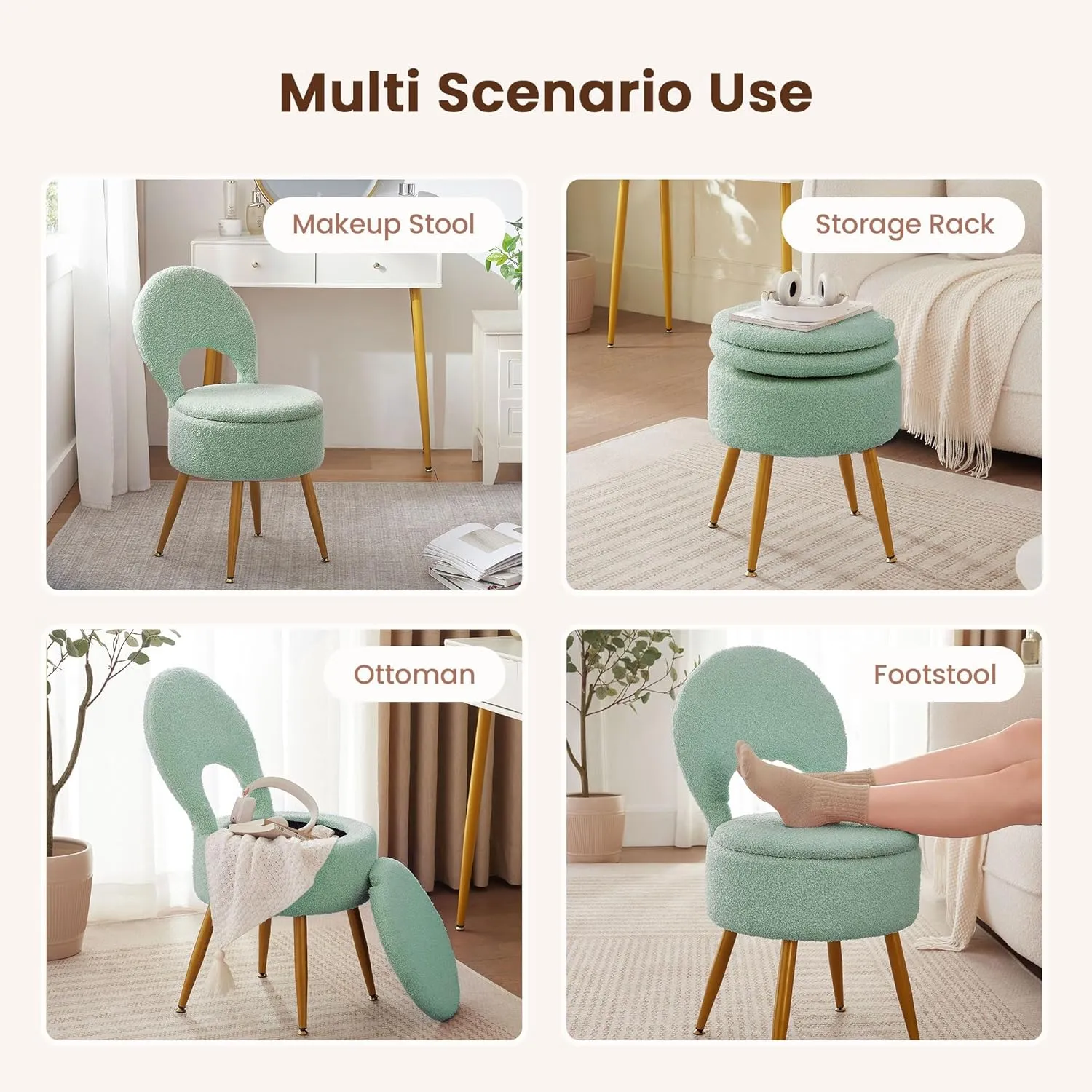 Vanity Stool with Storage and Backrest, Folding Back & Velvet Seat, Footrest, Round Ottoman with Sherpa, Vanity Chair with Storage, Ideal for Bedroom, Living Room, and Makeup Stations