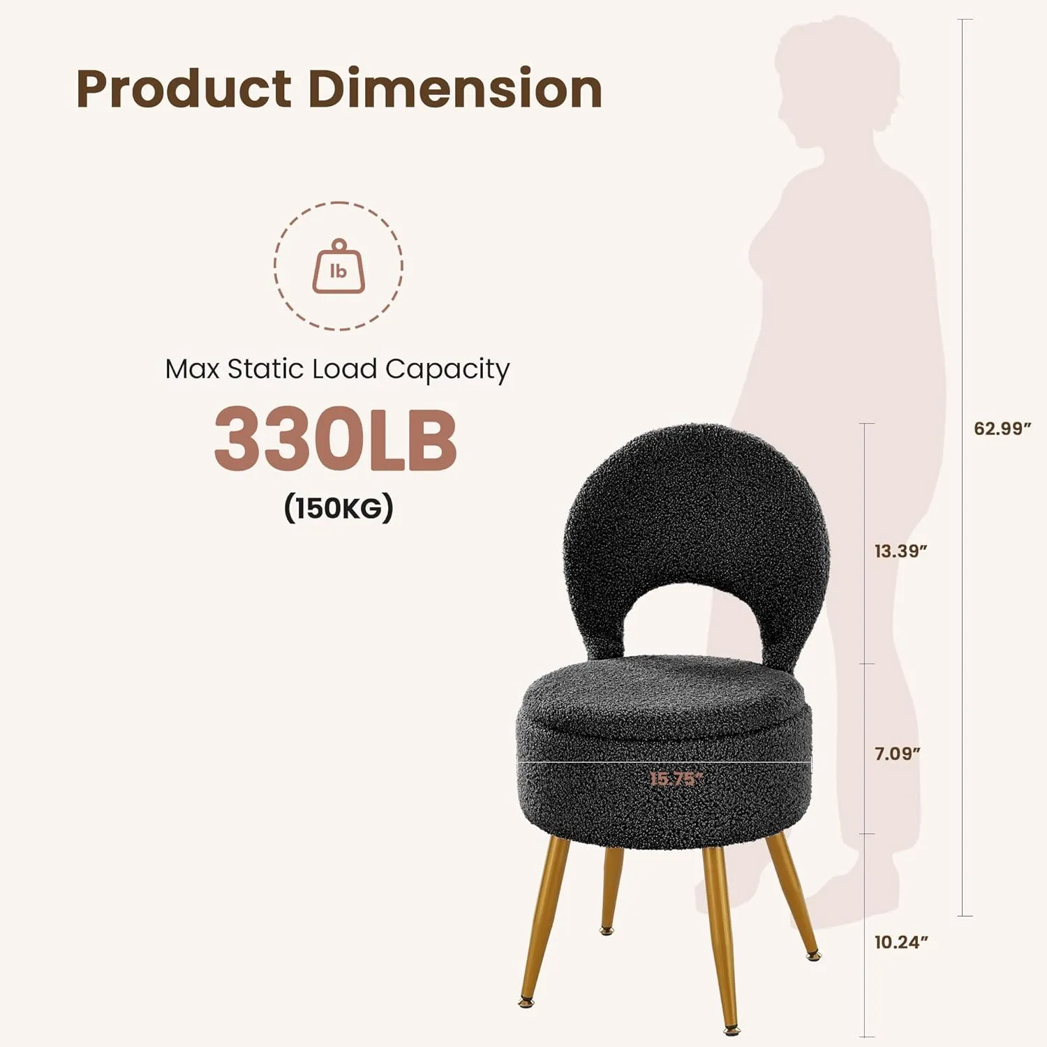 Vanity Stool with Storage and Backrest, Folding Back & Velvet Seat, Footrest, Round Ottoman with Sherpa, Vanity Chair with Storage, Ideal for Bedroom, Living Room, and Makeup Stations