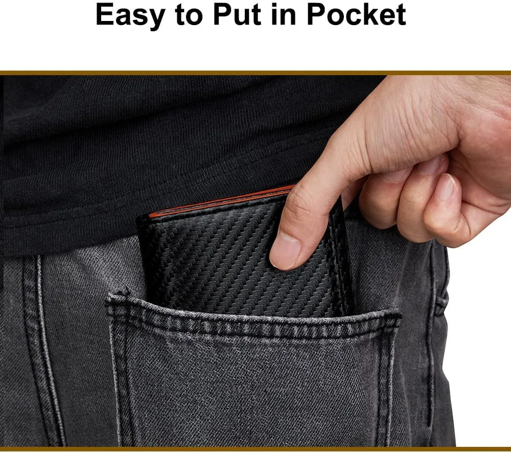 VANNANBA 2023 New Carbon Fibre Front Pocket Wallet with Folded ID Windows,12 Card Slots & 2 Note pockets(carbon orange)