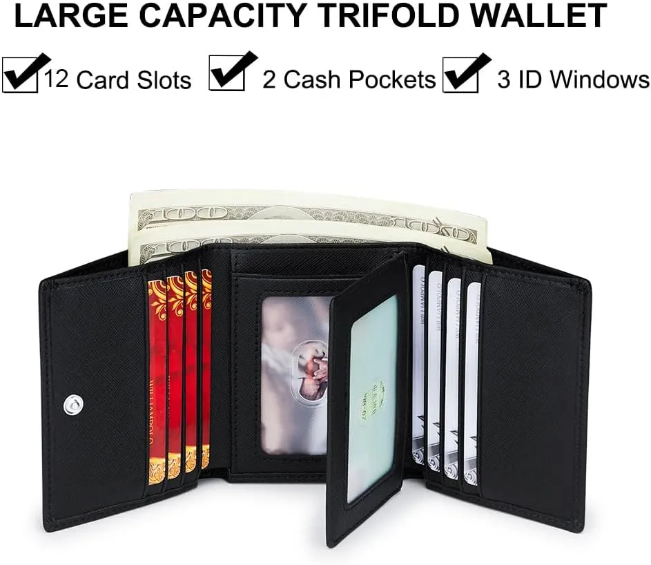 VANNANBA Men's Leather Trifold Wallet with Folded ID Windows,12 Card Slots & 2 Note pockets(Cross Black)