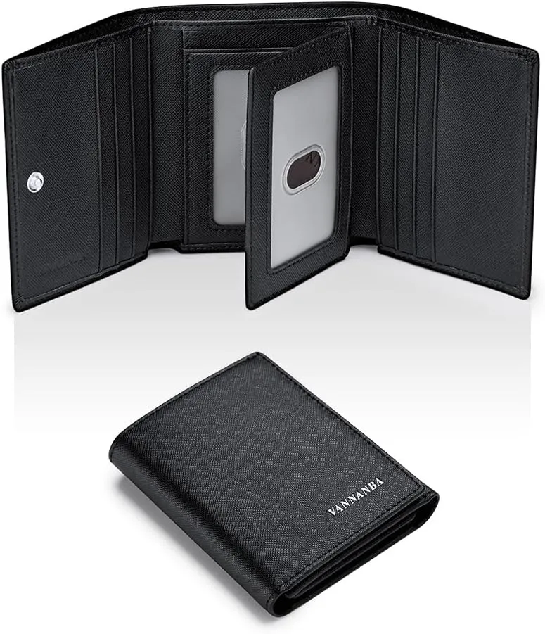 VANNANBA Men's Leather Trifold Wallet with Folded ID Windows,12 Card Slots & 2 Note pockets(Cross Black)
