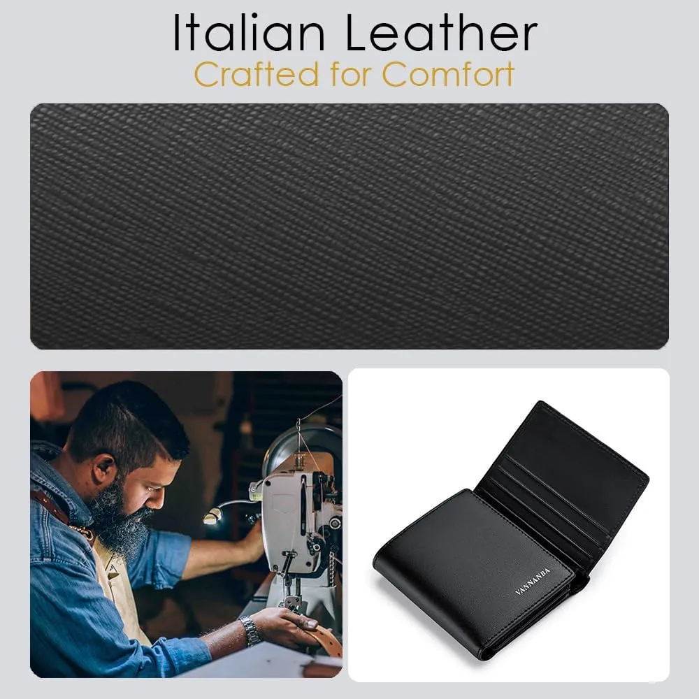 VANNANBA Men's Leather Trifold Wallet with Folded ID Windows,12 Card Slots & 2 Note pockets(Cross Black)