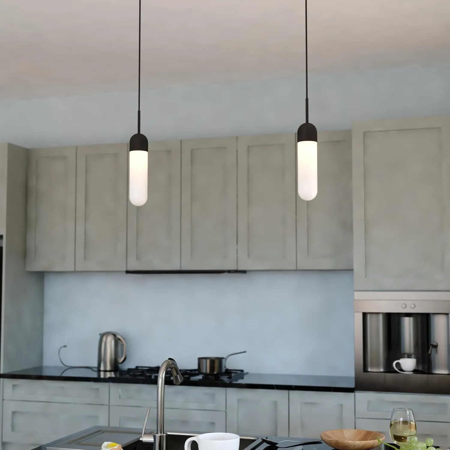 VAXCEL Thalia Matte Black Contemporary Mini Pendant Ceiling Light White Pill Glass