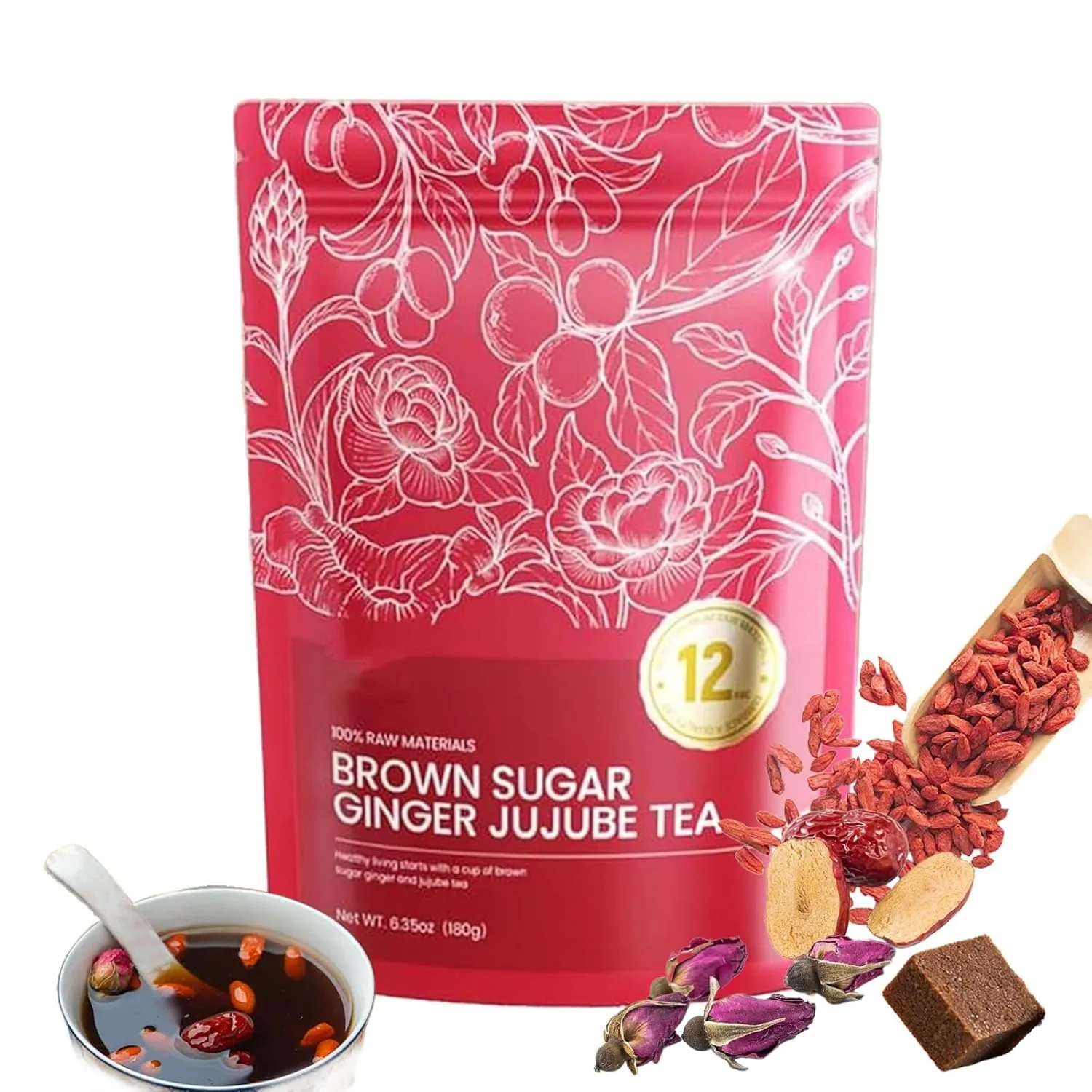 Velutra Chinese Brown Sugar Ginger Tea, with Red Jujube & Red Ginseng, Promotes Digestion, Improves Sleep, Soothes & Aids Digestion - Individually Wrapped, Purely Natural (1PC)