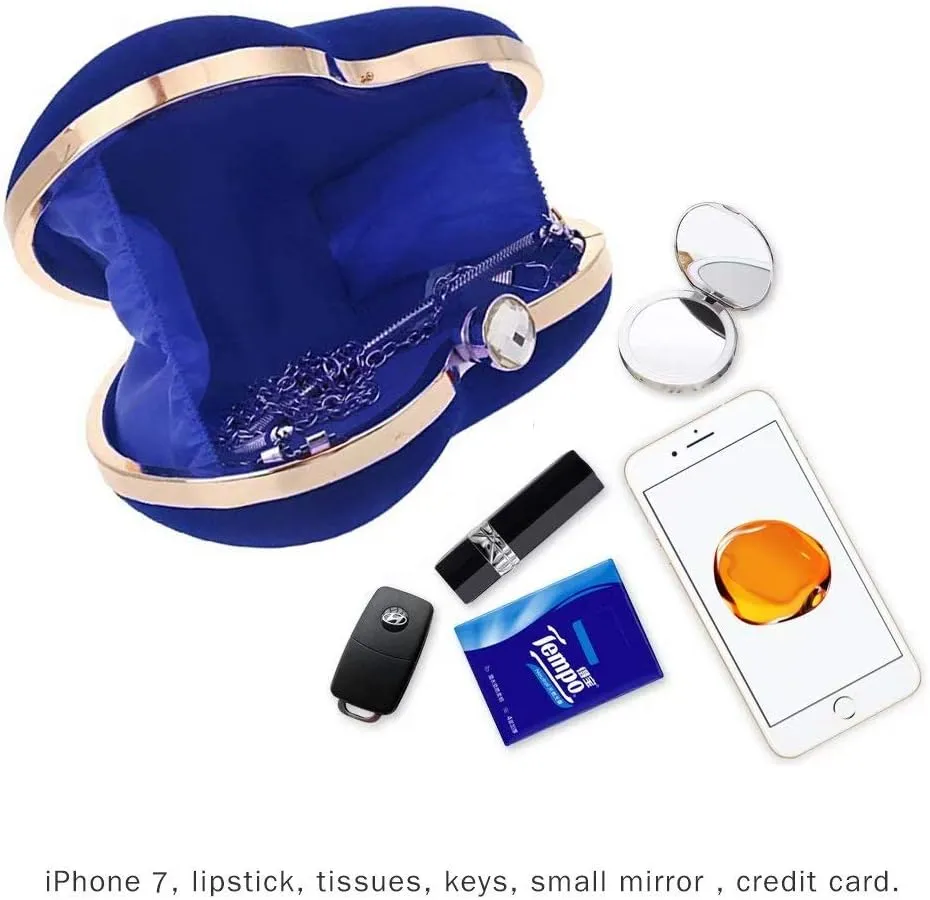 Velvet Heart Shape Clutch Purses for Women Evening Party Tote with Shoulder Chain