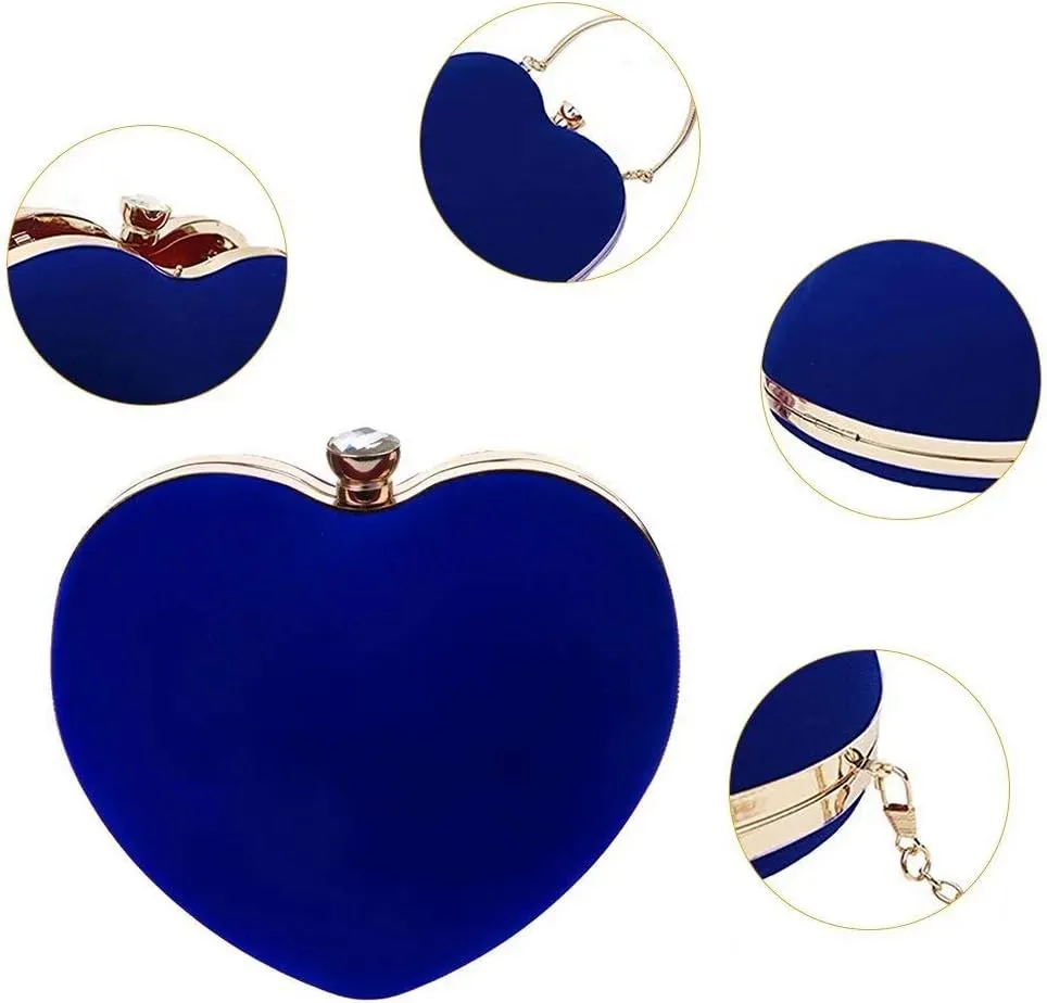 Velvet Heart Shape Clutch Purses for Women Evening Party Tote with Shoulder Chain
