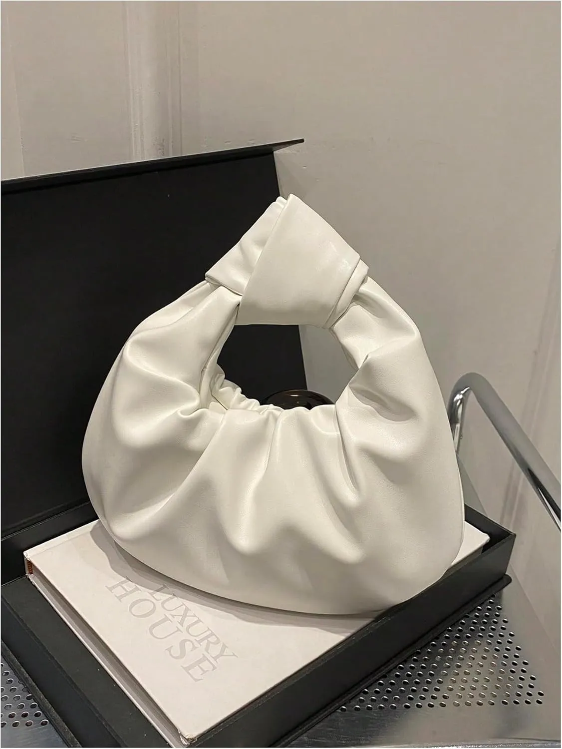 Verdusa Women's Ruched Leather Handbag Cloud Shape Pleated Knotted Hobo Bag Crescent Clutch Purse
