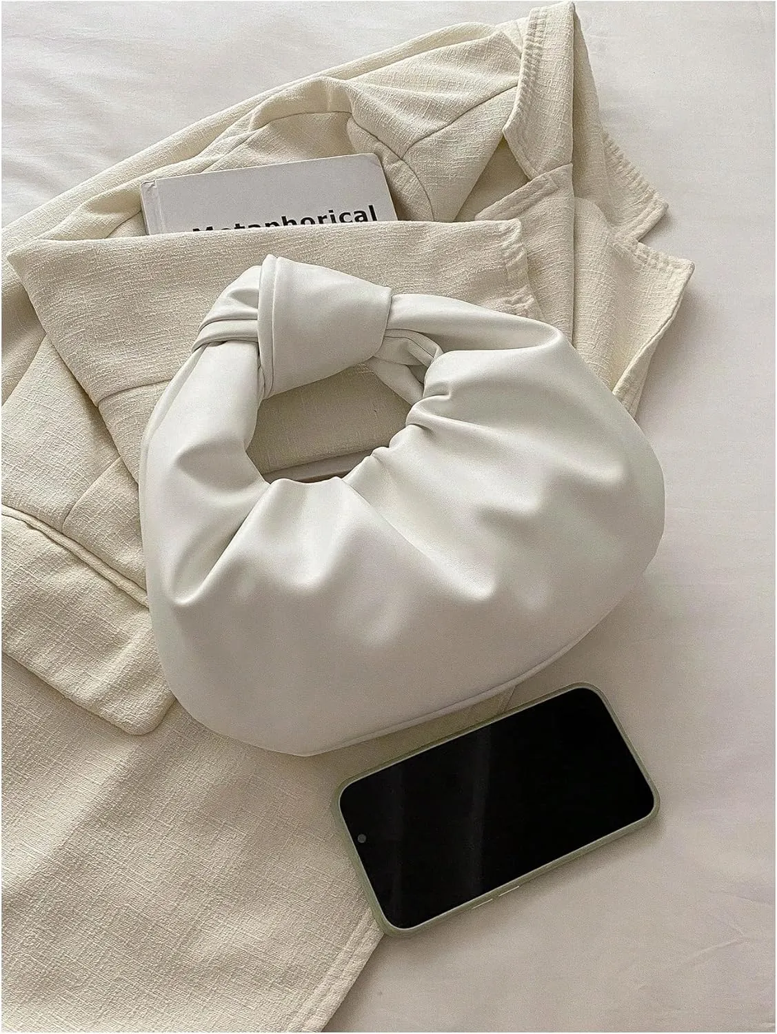 Verdusa Women's Ruched Leather Handbag Cloud Shape Pleated Knotted Hobo Bag Crescent Clutch Purse