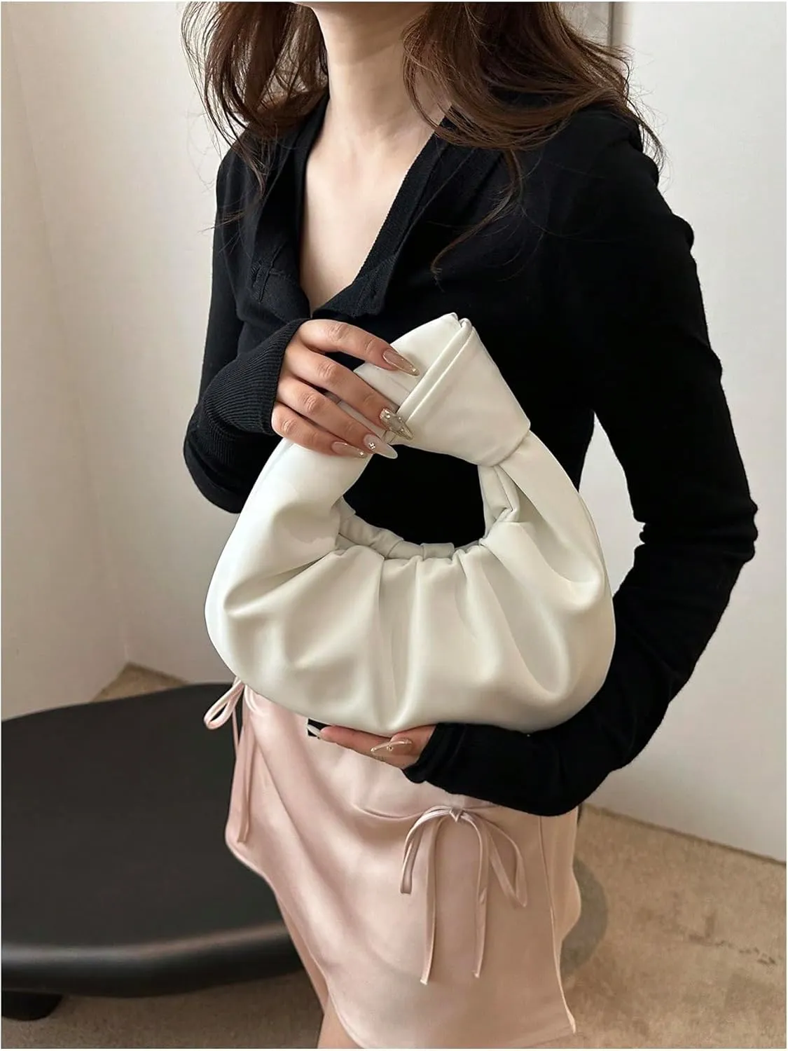 Verdusa Women's Ruched Leather Handbag Cloud Shape Pleated Knotted Hobo Bag Crescent Clutch Purse