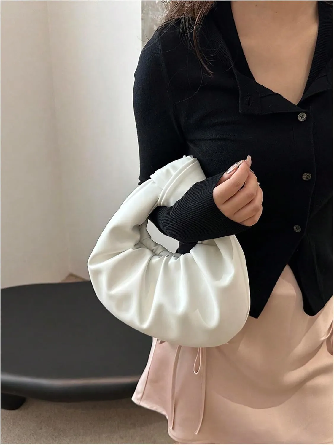 Verdusa Women's Ruched Leather Handbag Cloud Shape Pleated Knotted Hobo Bag Crescent Clutch Purse