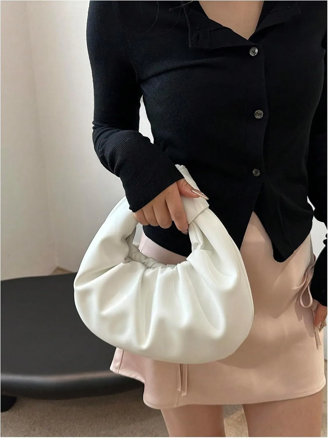 Verdusa Women's Ruched Leather Handbag Cloud Shape Pleated Knotted Hobo Bag Crescent Clutch Purse