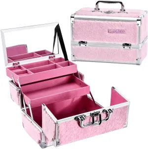 VETALLO Travel Makeup Case with Mirror, Large Makeup Organizer I Fluffy Makeup Train Cases I Makeup Case Organizer I Makeup Box Organizer I Train Cases Gifts for Her Women Bestie I Pink