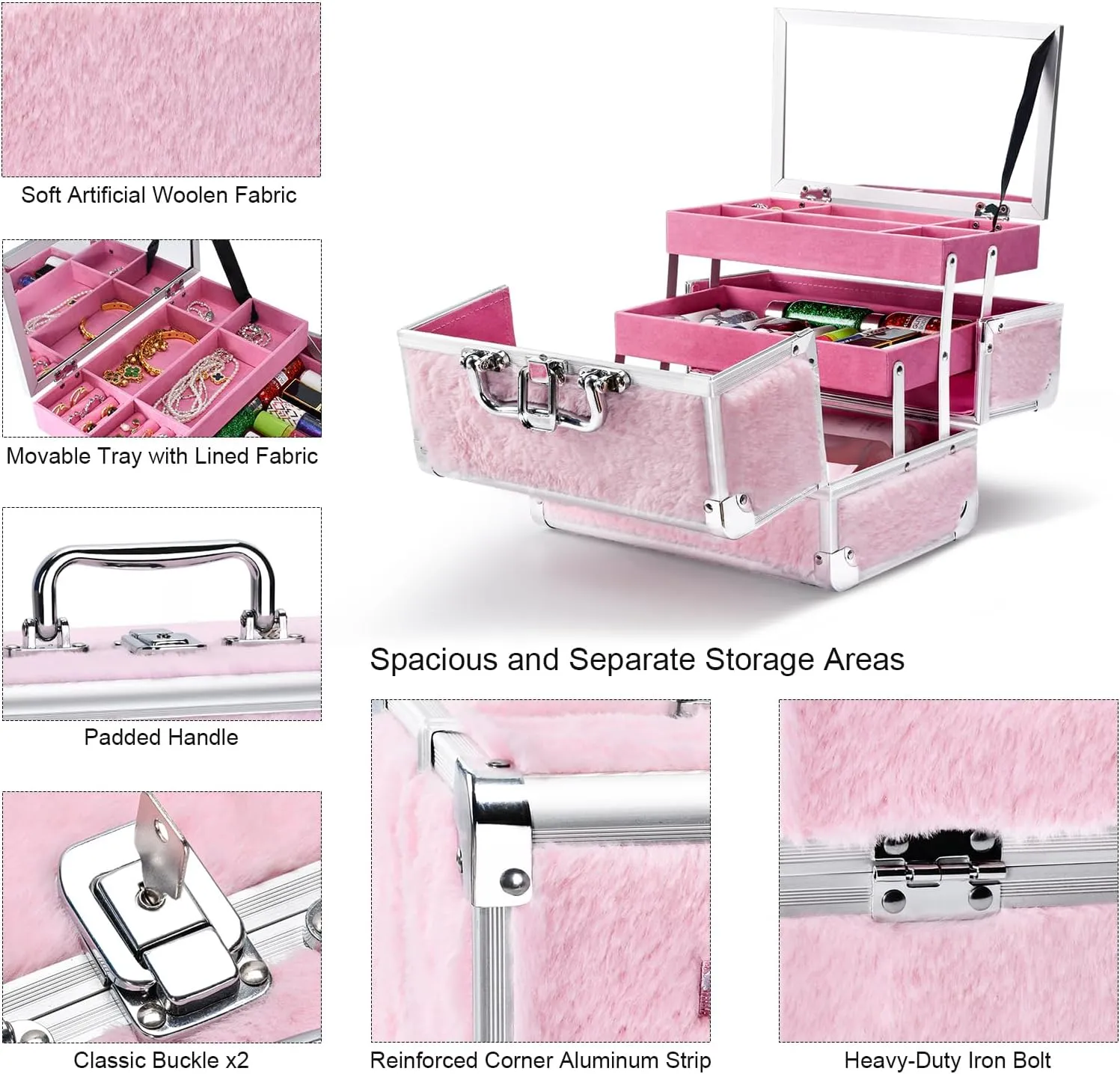 VETALLO Travel Makeup Case with Mirror, Large Makeup Organizer I Fluffy Makeup Train Cases I Makeup Case Organizer I Makeup Box Organizer I Train Cases Gifts for Her Women Bestie I Pink