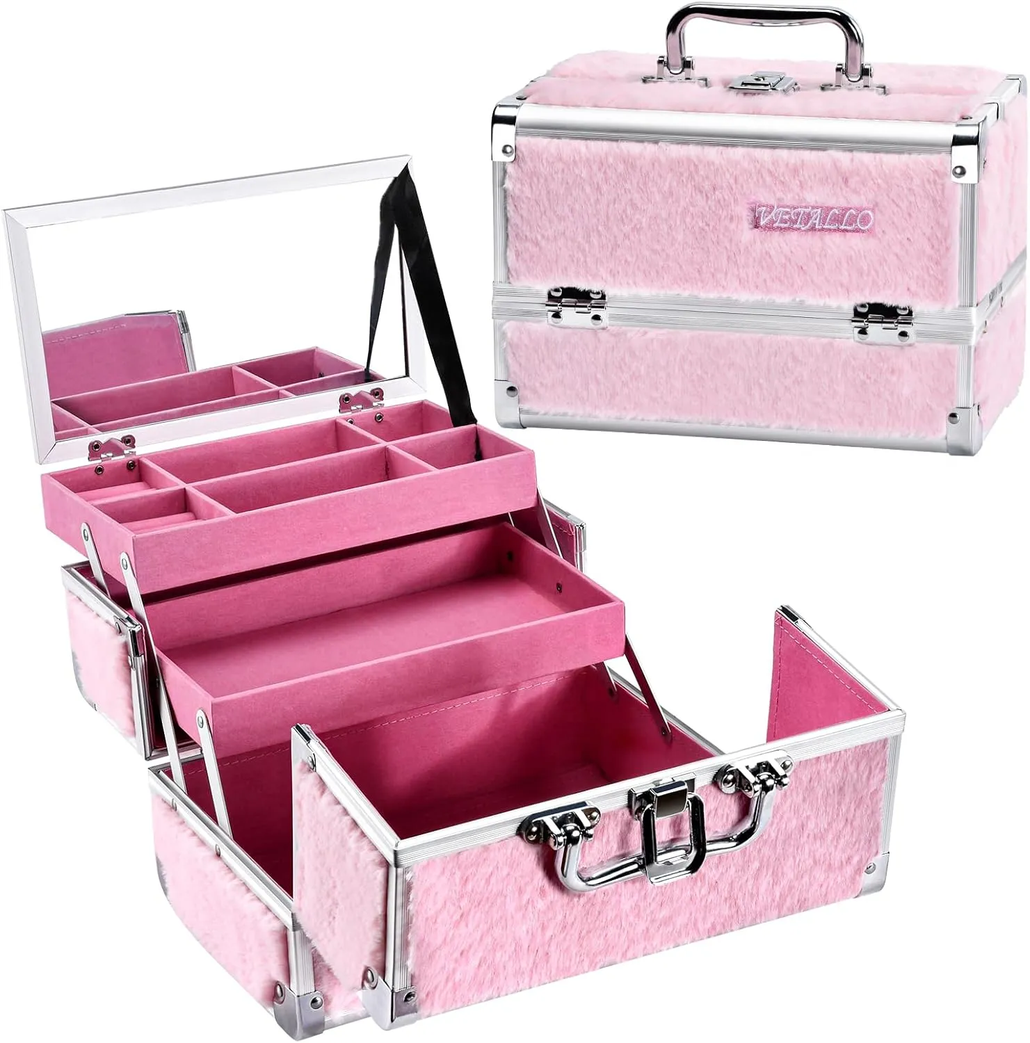 VETALLO Travel Makeup Case with Mirror, Large Makeup Organizer I Fluffy Makeup Train Cases I Makeup Case Organizer I Makeup Box Organizer I Train Cases Gifts for Her Women Bestie I Pink