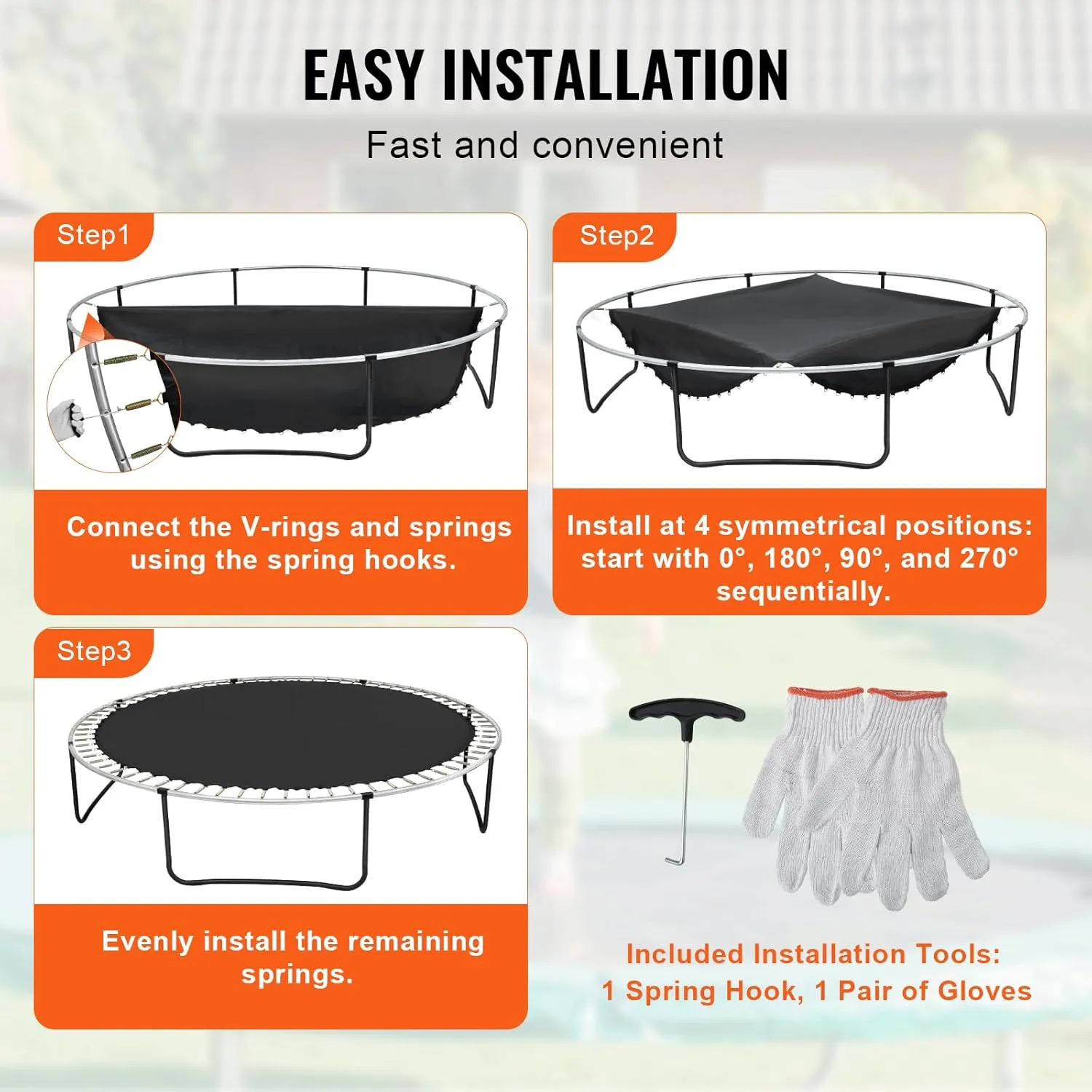 VEVOR Replacement Trampoline Mat, Jumping Mat Fits 12/13/14/15 ft Frame, Universal Jumping Round Trampoline, UV-Resistant Mat with Spring Tool & 72/80/92 V-Rings, Fit 5.5"/6.5"/7" Spring Length