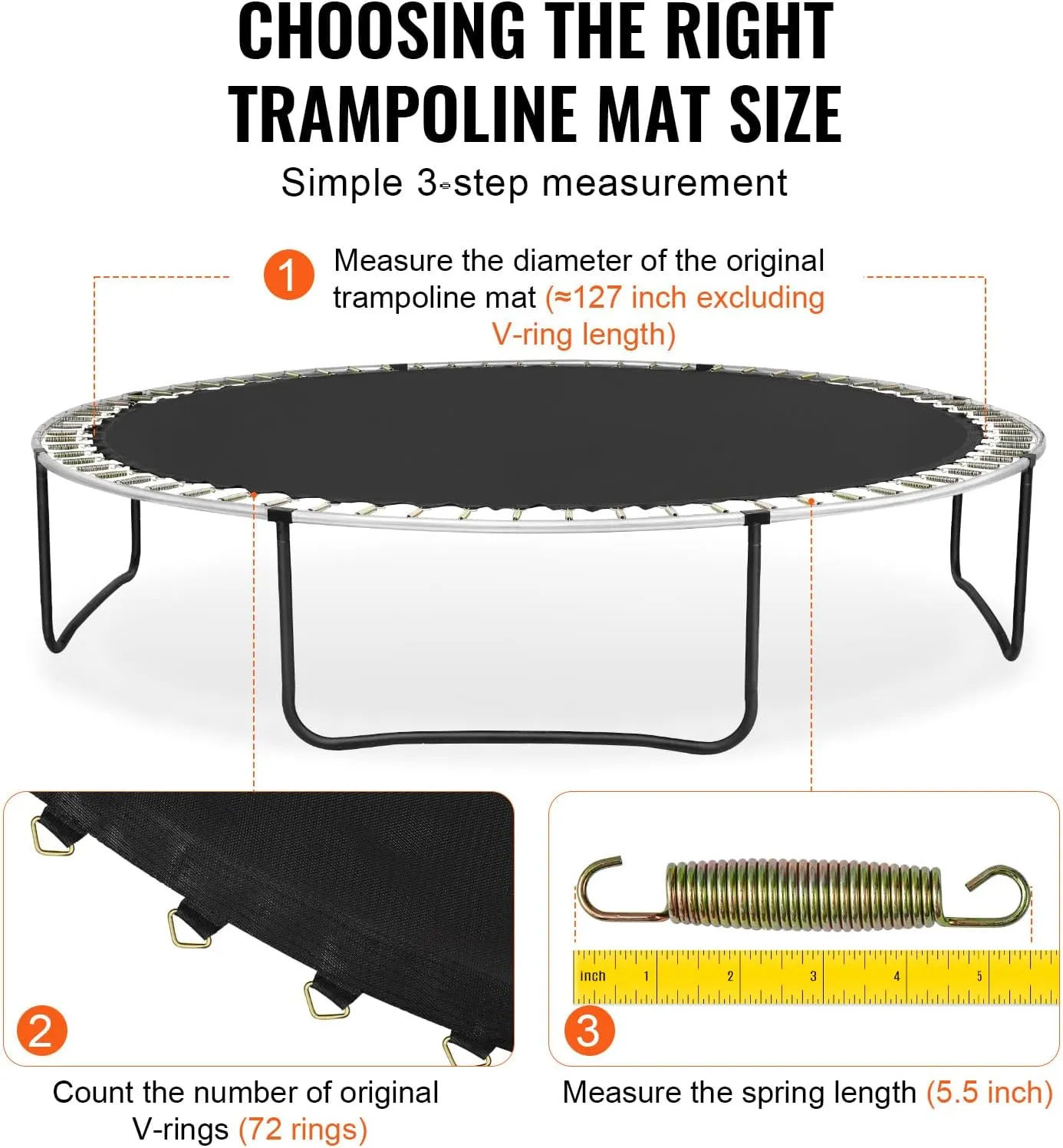 VEVOR Replacement Trampoline Mat, Jumping Mat Fits 12/13/14/15 ft Frame, Universal Jumping Round Trampoline, UV-Resistant Mat with Spring Tool & 72/80/92 V-Rings, Fit 5.5"/6.5"/7" Spring Length