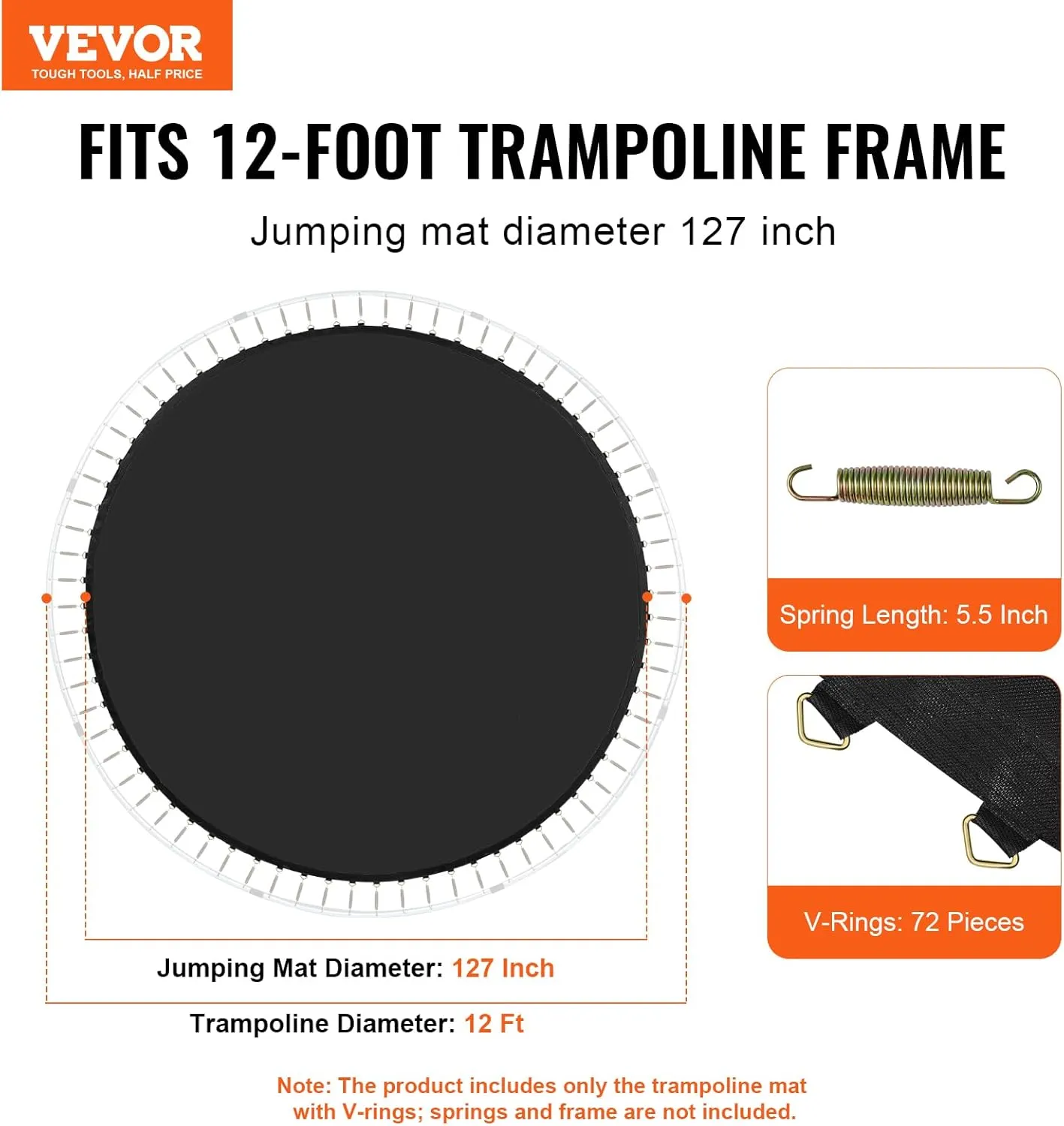 VEVOR Replacement Trampoline Mat, Jumping Mat Fits 12/13/14/15 ft Frame, Universal Jumping Round Trampoline, UV-Resistant Mat with Spring Tool & 72/80/92 V-Rings, Fit 5.5"/6.5"/7" Spring Length