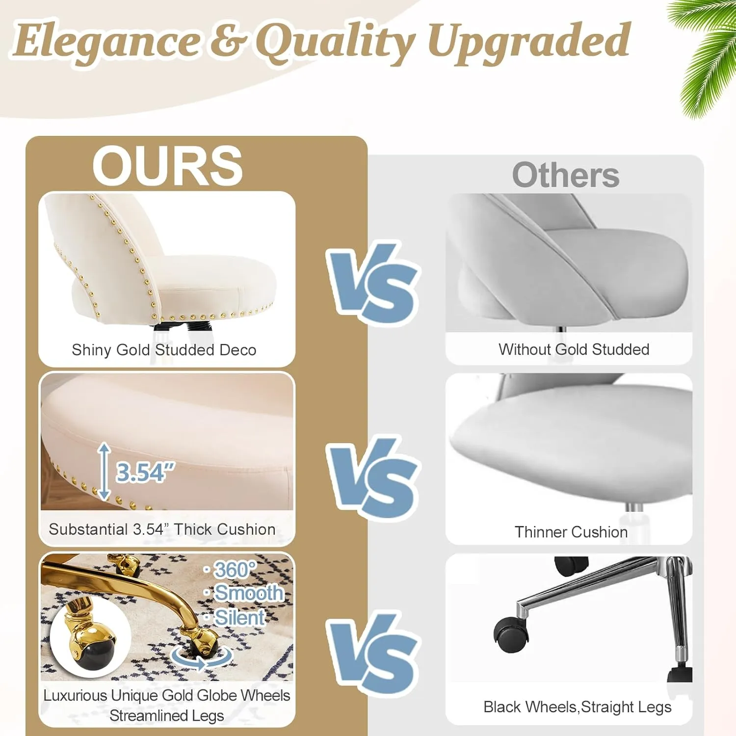 VINGLI Modern Velvet Small Office Chair,Cute Desk Chair with Wheels,Gold Base/Studs, Comfy Armless Swivel Vanity Task Chair for Women/Girl/Kids, Nail Tech Chair for Bedroom,Small Space,Beige