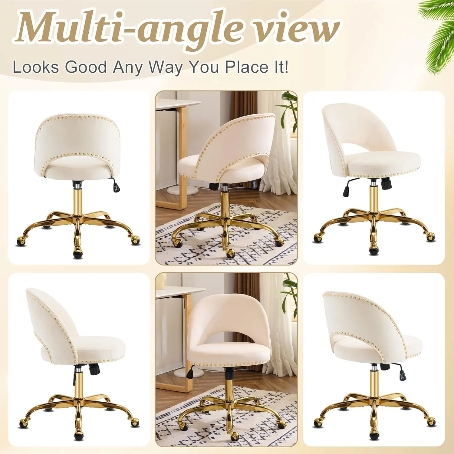 VINGLI Modern Velvet Small Office Chair,Cute Desk Chair with Wheels,Gold Base/Studs, Comfy Armless Swivel Vanity Task Chair for Women/Girl/Kids, Nail Tech Chair for Bedroom,Small Space,Beige