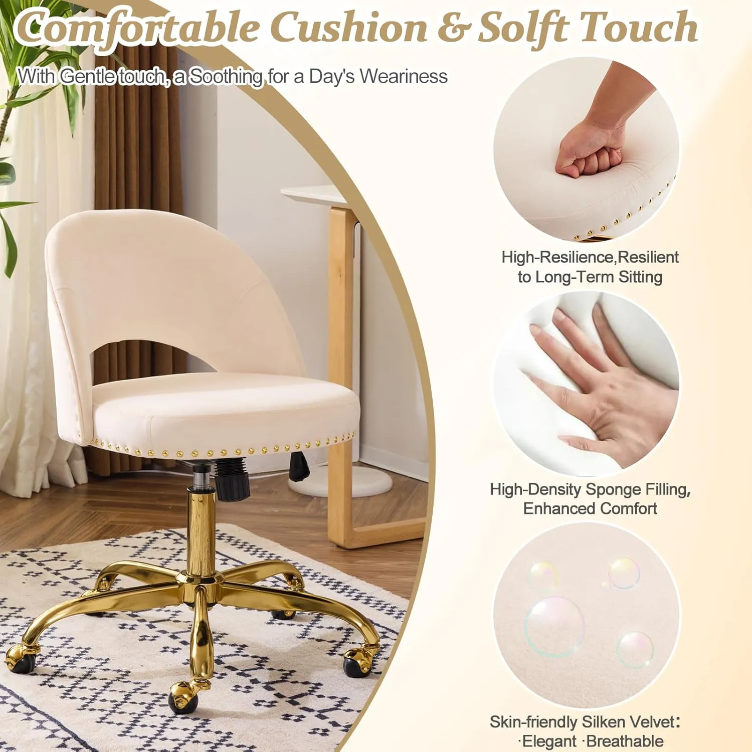 VINGLI Modern Velvet Small Office Chair,Cute Desk Chair with Wheels,Gold Base/Studs, Comfy Armless Swivel Vanity Task Chair for Women/Girl/Kids, Nail Tech Chair for Bedroom,Small Space,Beige