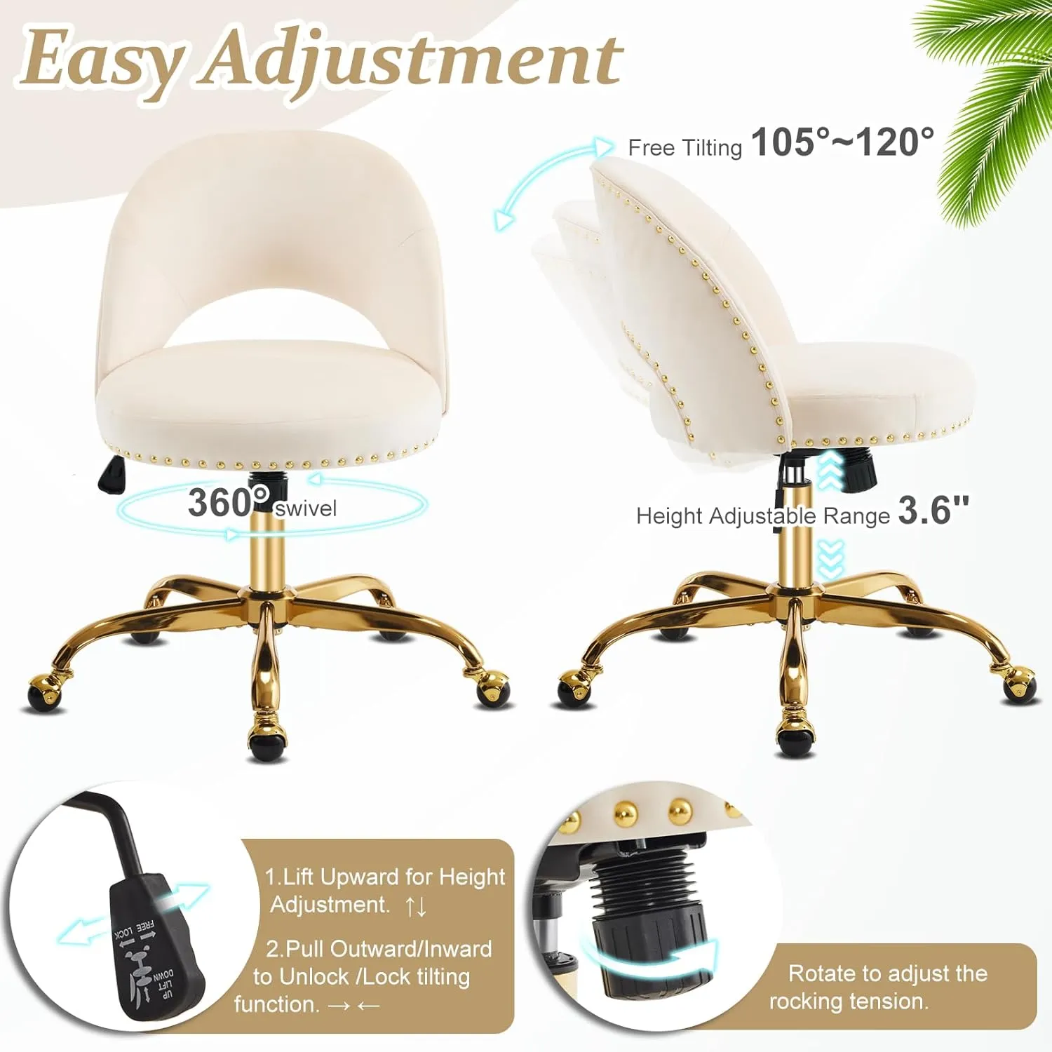 VINGLI Modern Velvet Small Office Chair,Cute Desk Chair with Wheels,Gold Base/Studs, Comfy Armless Swivel Vanity Task Chair for Women/Girl/Kids, Nail Tech Chair for Bedroom,Small Space,Beige