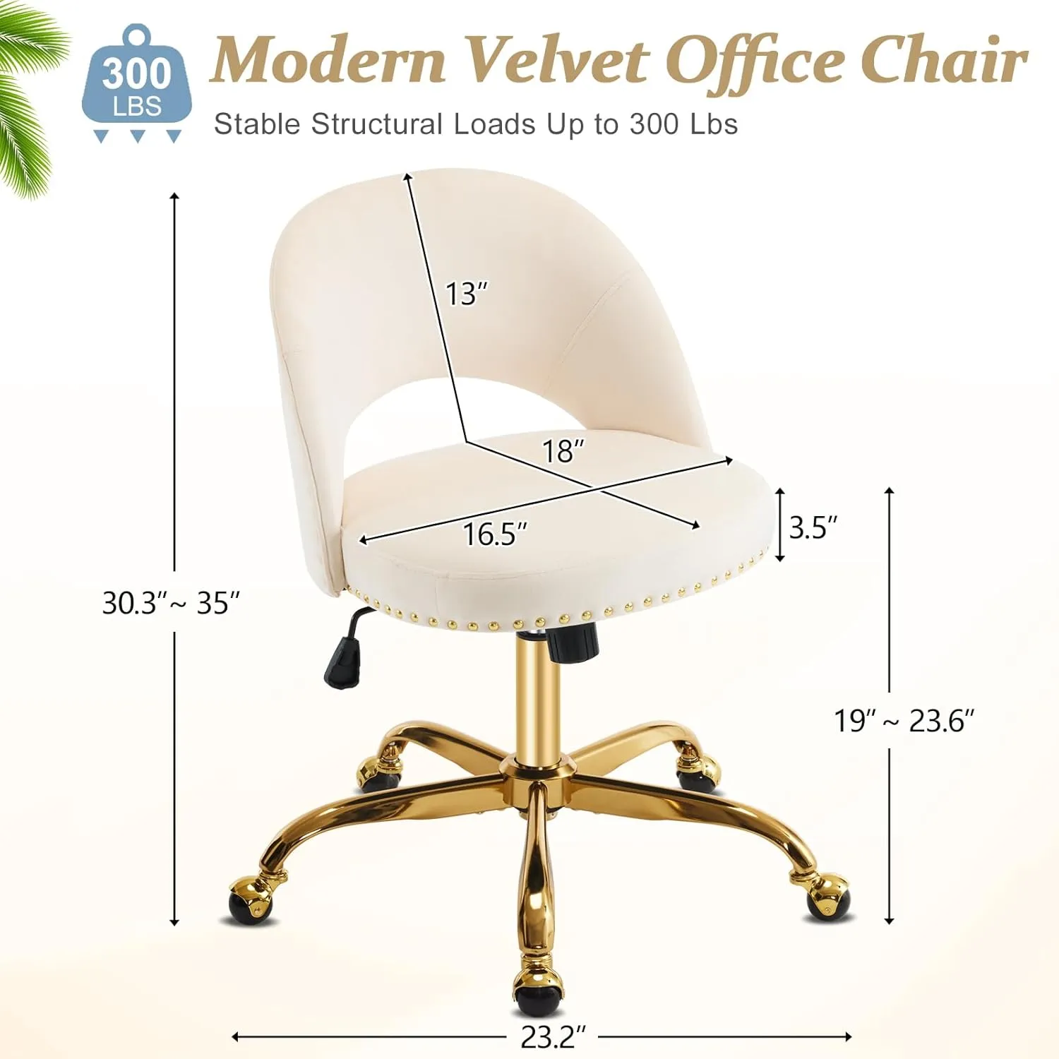 VINGLI Modern Velvet Small Office Chair,Cute Desk Chair with Wheels,Gold Base/Studs, Comfy Armless Swivel Vanity Task Chair for Women/Girl/Kids, Nail Tech Chair for Bedroom,Small Space,Beige