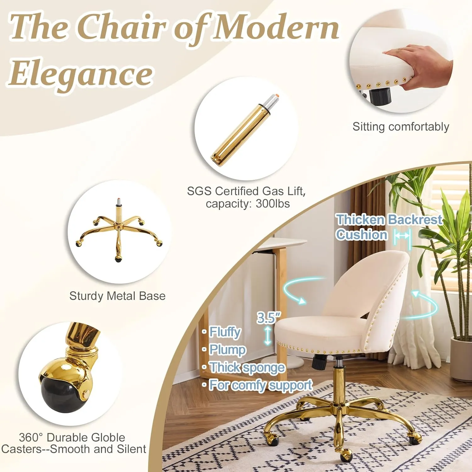 VINGLI Modern Velvet Small Office Chair,Cute Desk Chair with Wheels,Gold Base/Studs, Comfy Armless Swivel Vanity Task Chair for Women/Girl/Kids, Nail Tech Chair for Bedroom,Small Space,Beige
