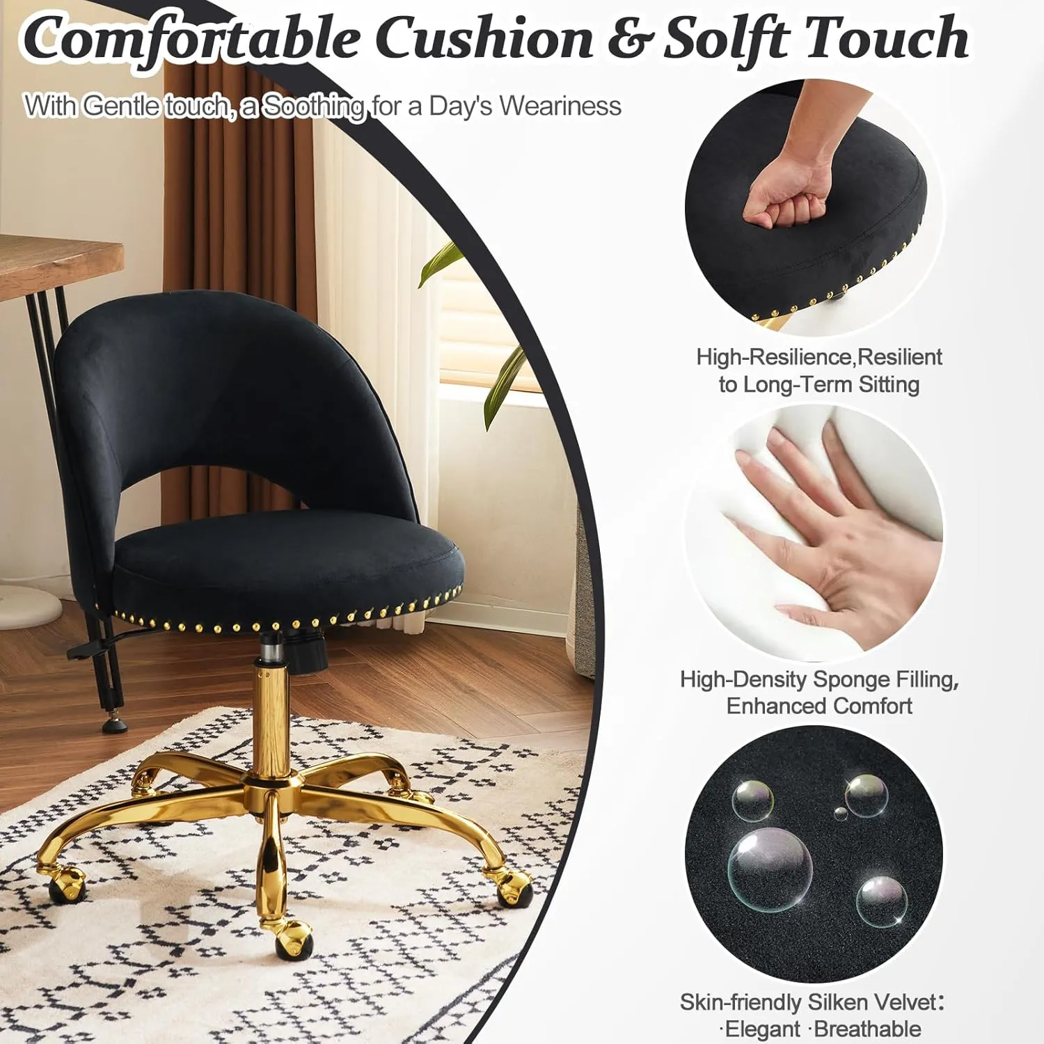 VINGLI Modern Velvet Small Office Chair,Cute Desk Chair with Wheels,Gold Base/Studs, Comfy Armless Swivel Vanity Task Chair for Women/Girl/Kids, Nail Tech Chair for Bedroom,Small Space,Black